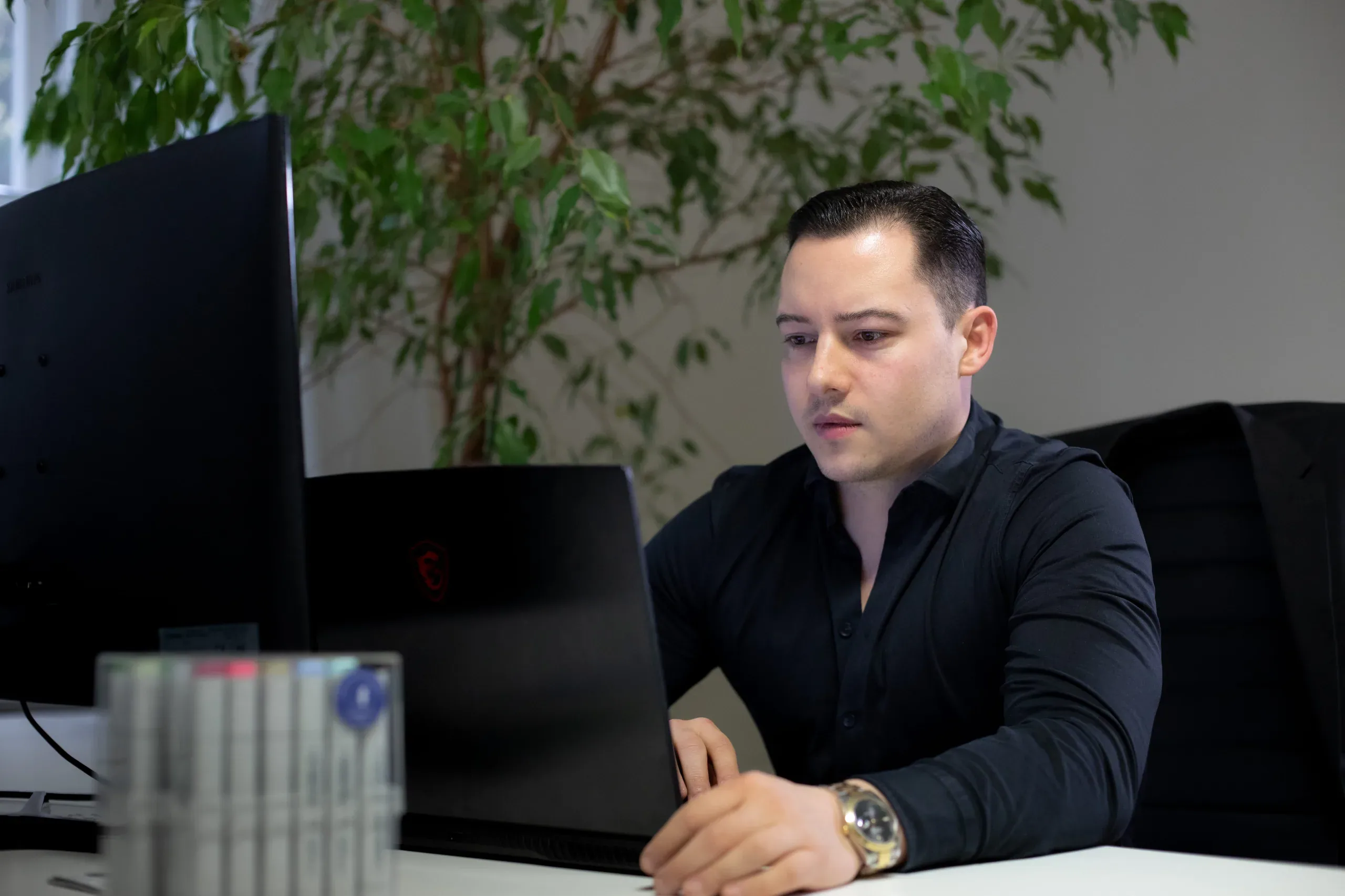 Ein Berater sitzt konzentriert an einem Schreibtisch und arbeitet an einem Laptop, im Hintergrund eine Zimmerpflanze