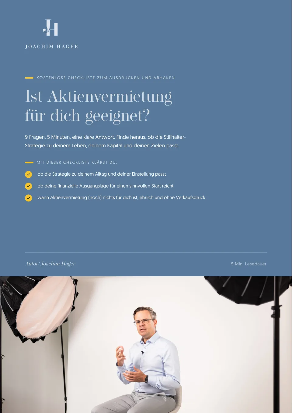 Titelseite des PDFs „Ist Aktienvermietung für dich geeignet?“ mit Joachim Hager