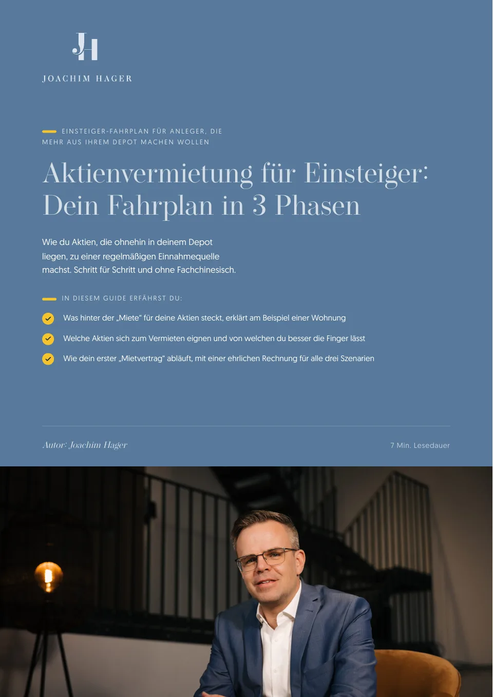 Titelseite des PDFs „Aktienvermietung für Einsteiger: Dein Fahrplan in 3 Phasen“ mit Joachim Hager