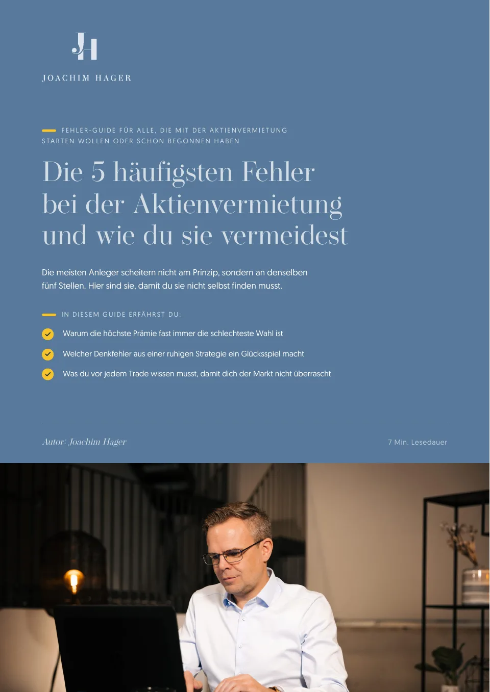 Titelseite des PDFs „Die 5 häufigsten Fehler bei der Aktienvermietung und wie du sie vermeidest“ mit Joachim Hager