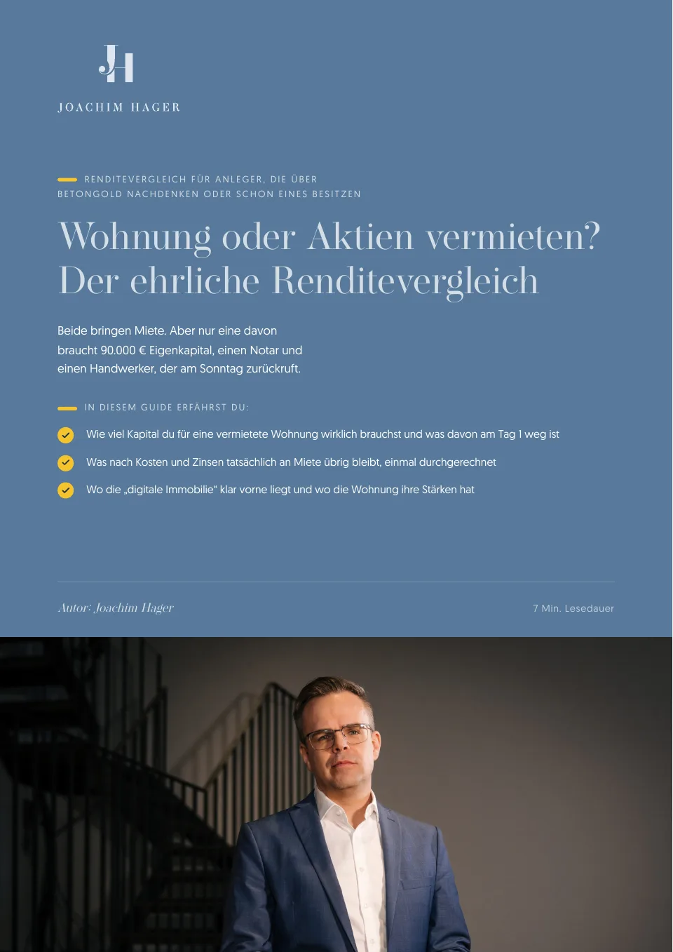 Titelseite des PDFs „Wohnung oder Aktien vermieten? Der ehrliche Renditevergleich“ mit Joachim Hager