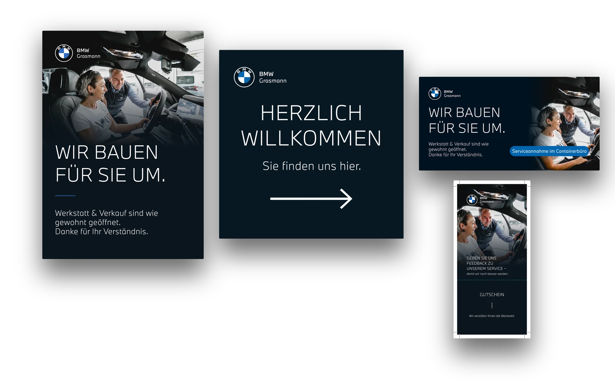 Plakate, Wegweiser, Banner und Gutschein von Grasmann zum Umbau