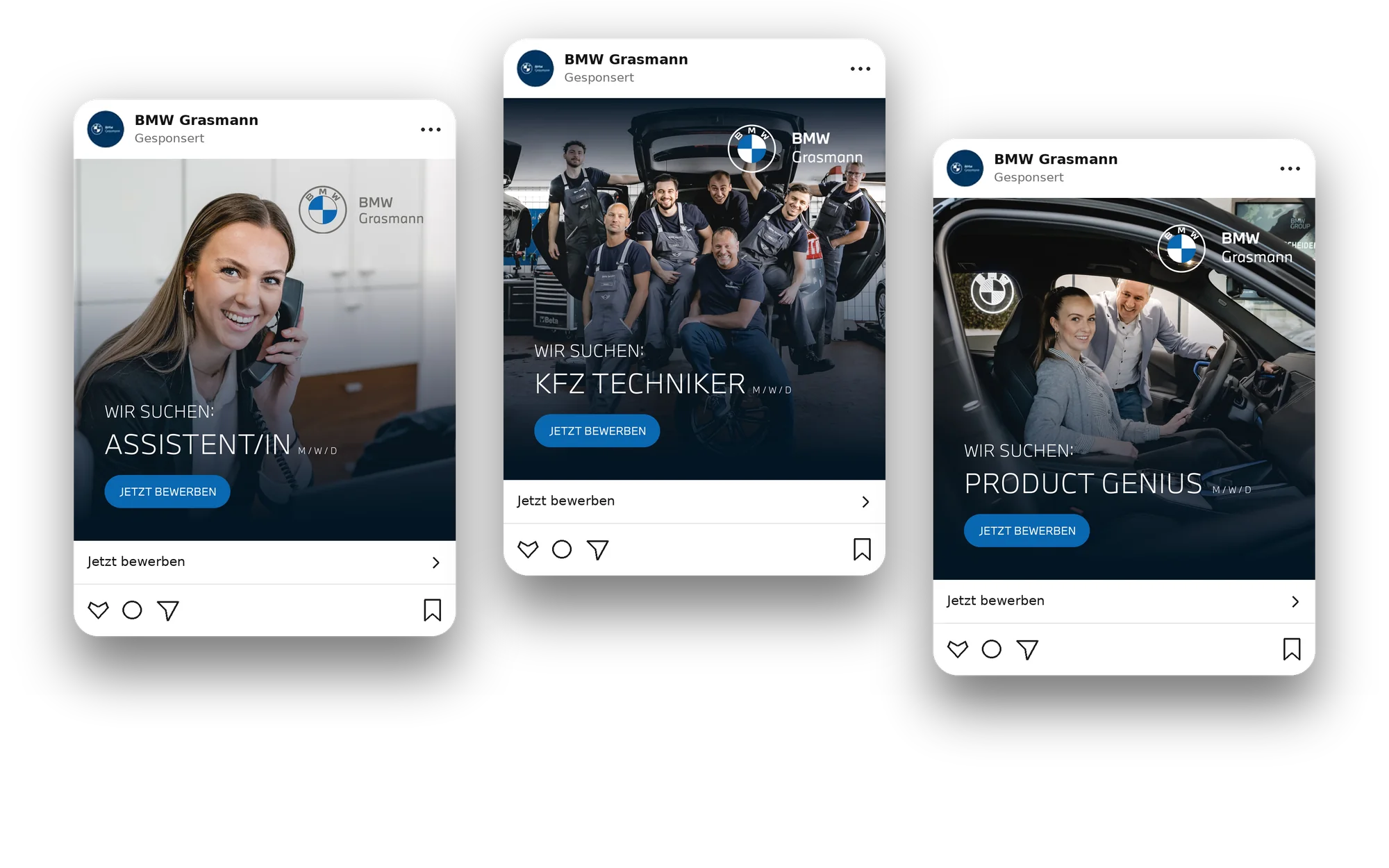 Recruiting-Anzeigen von Grasmann für Assistenz, Kfz-Technik und Product Genius