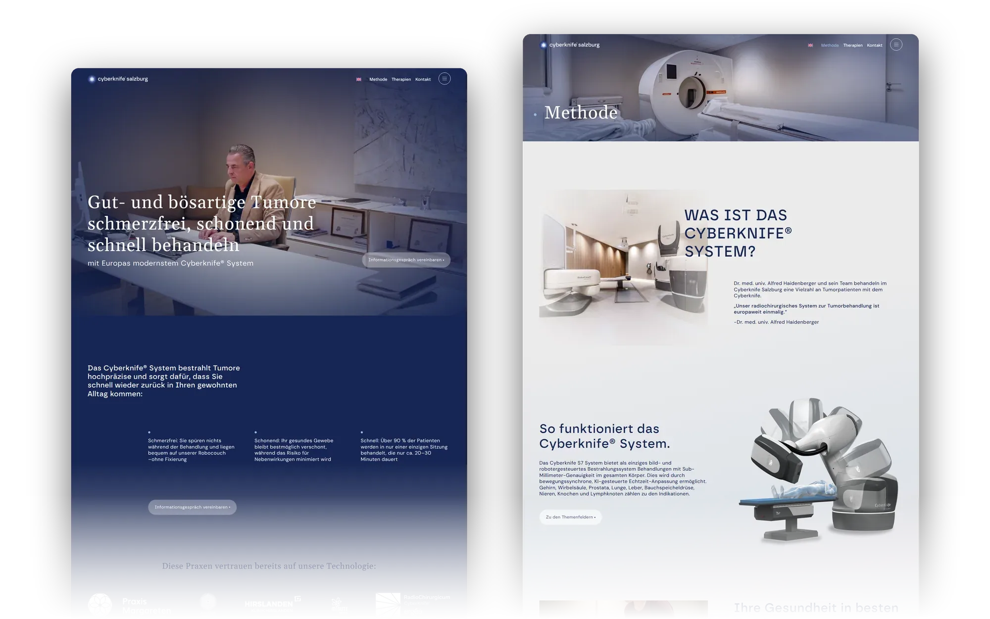 Website von Cyberknife: Startseite und Unterseite nebeneinander
