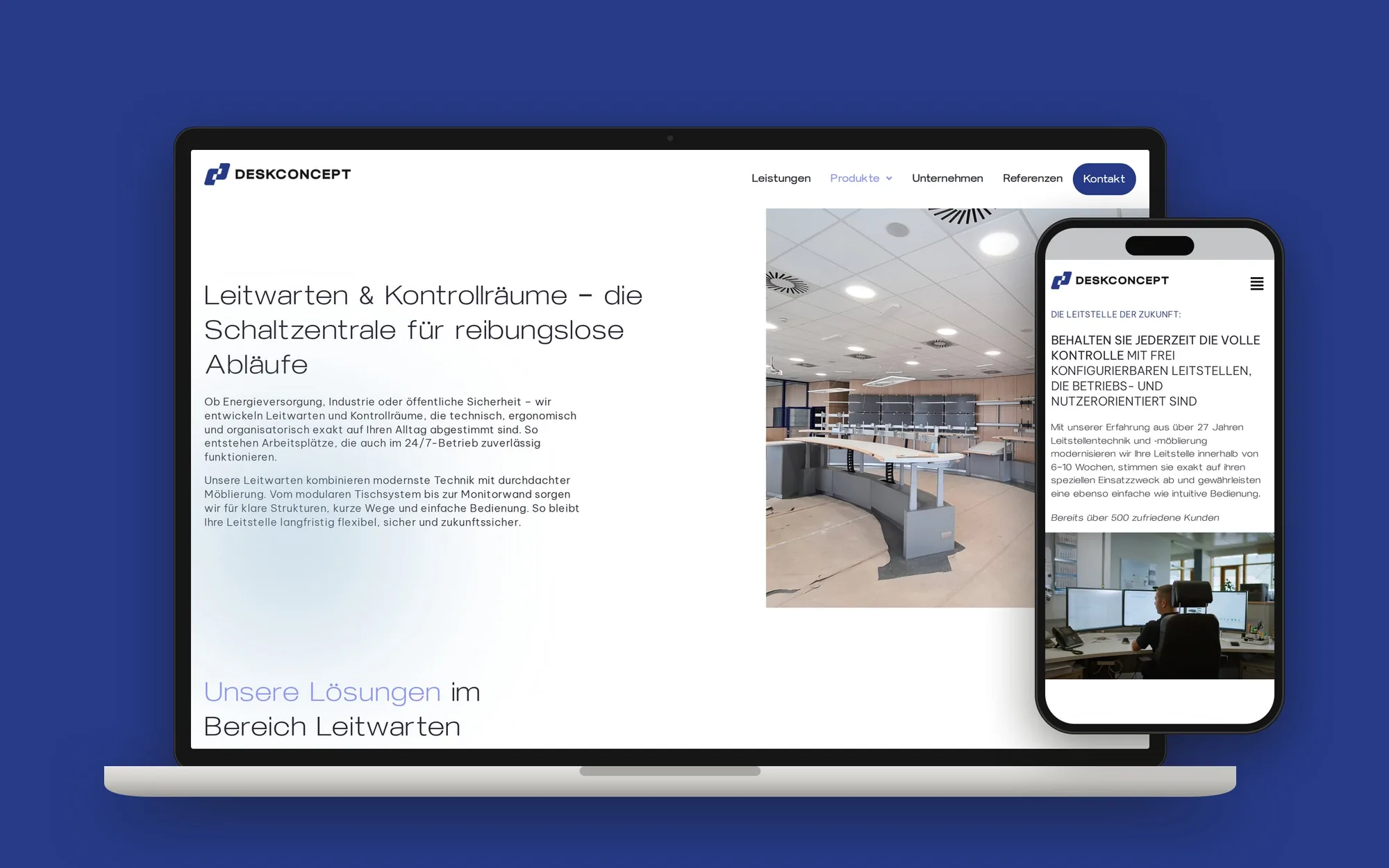 Laptop mit der Seite zu Leitwarten und Smartphone mit der mobilen Startseite von Desk Concept