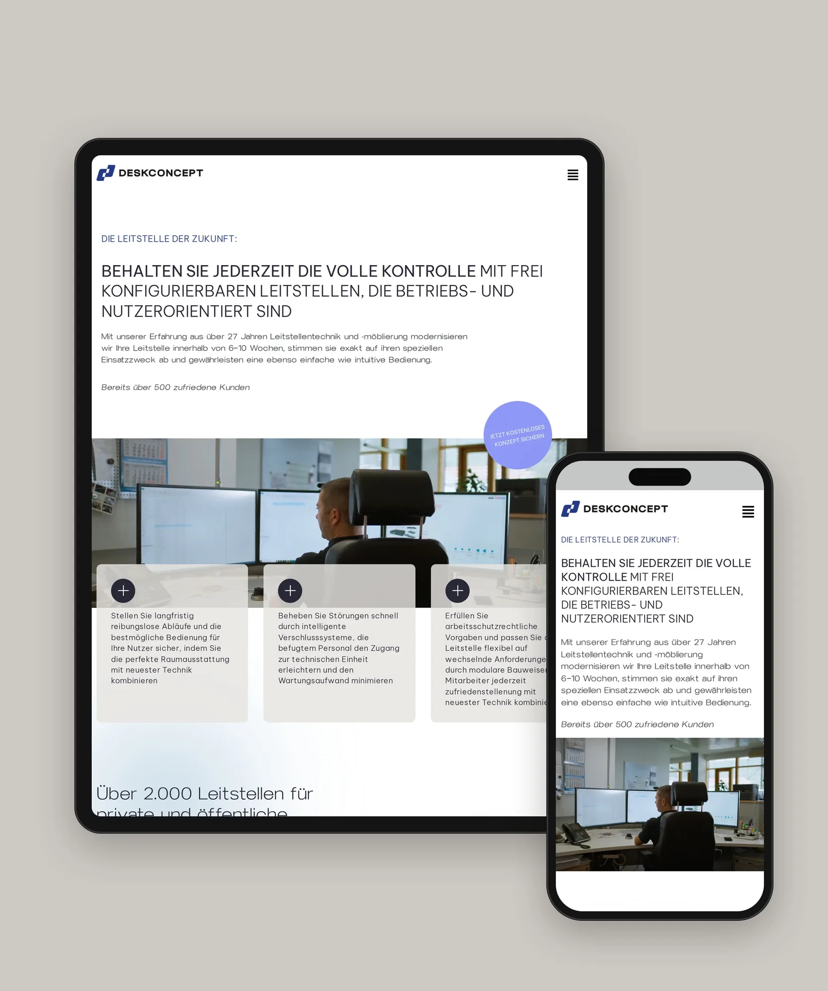 Tablet und Smartphone mit der Startseite von Desk Concept