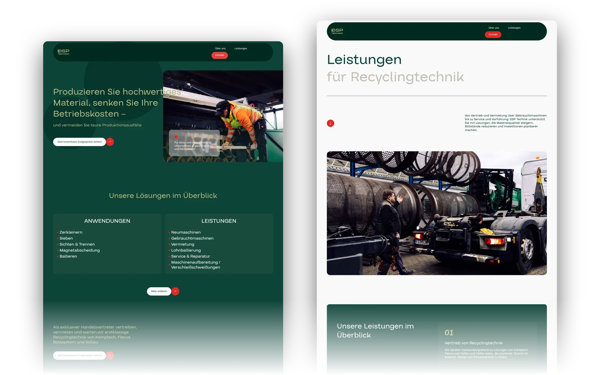 Website von DSP: Startseite und Unterseite nebeneinander