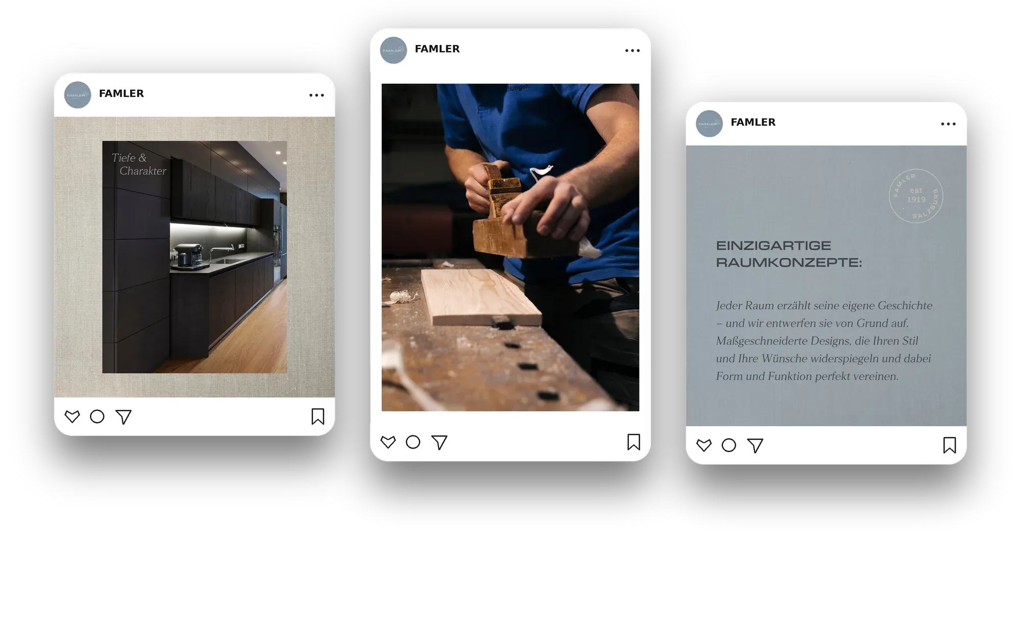 Drei Social-Media-Beiträge von Famler: Küche, Tischlerei und Raumkonzepte