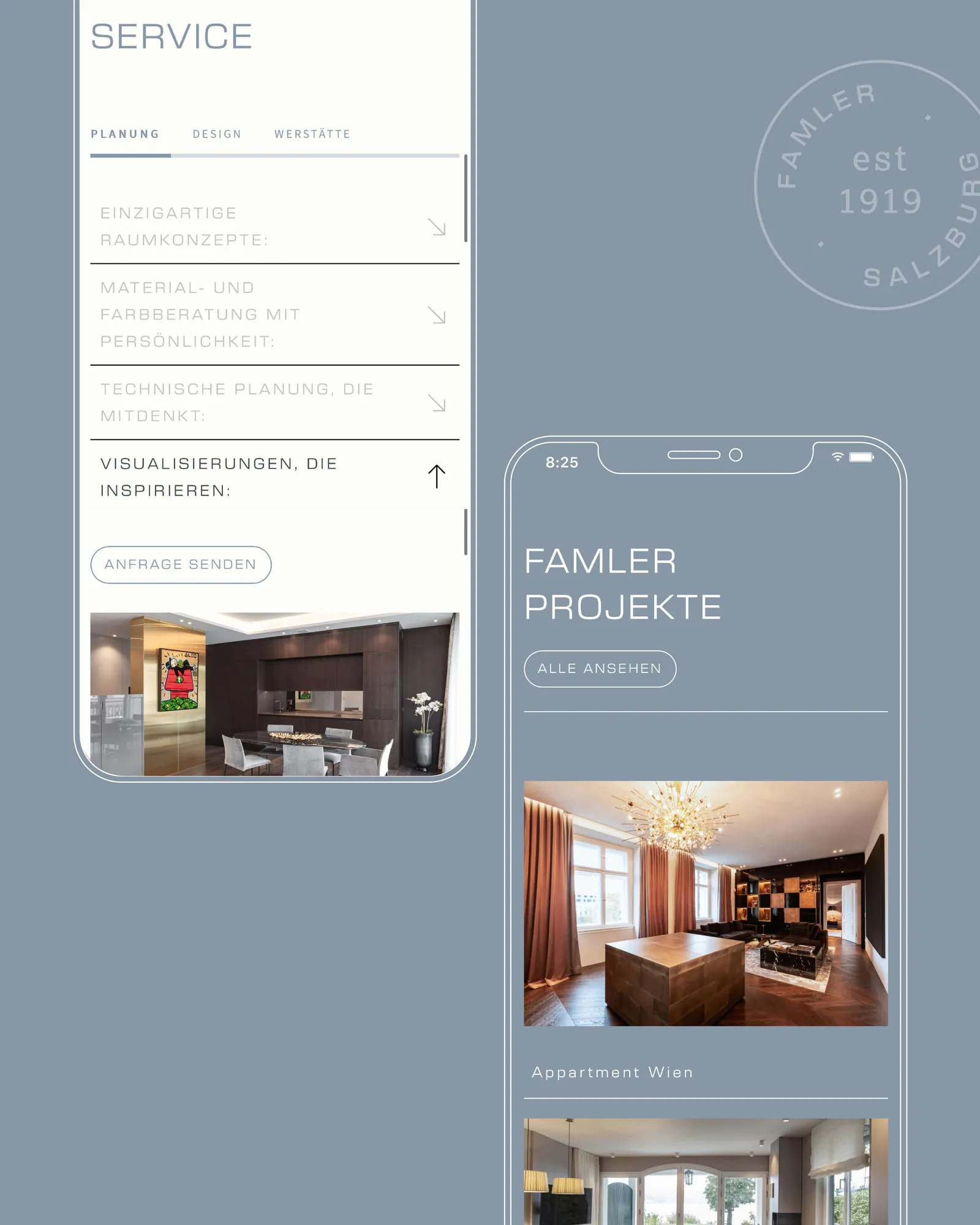 Mobile Website von Famler mit Leistungen und Projekten