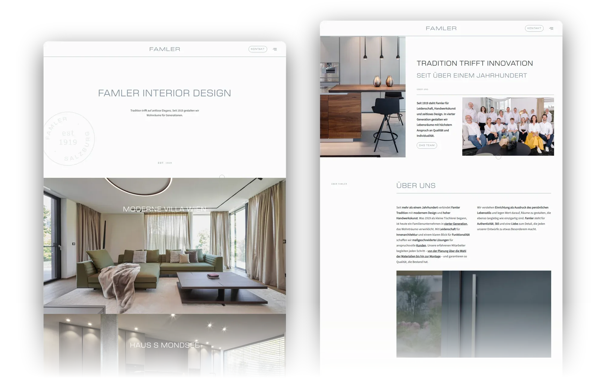 Website von FAMLER: Startseite und Unterseite nebeneinander