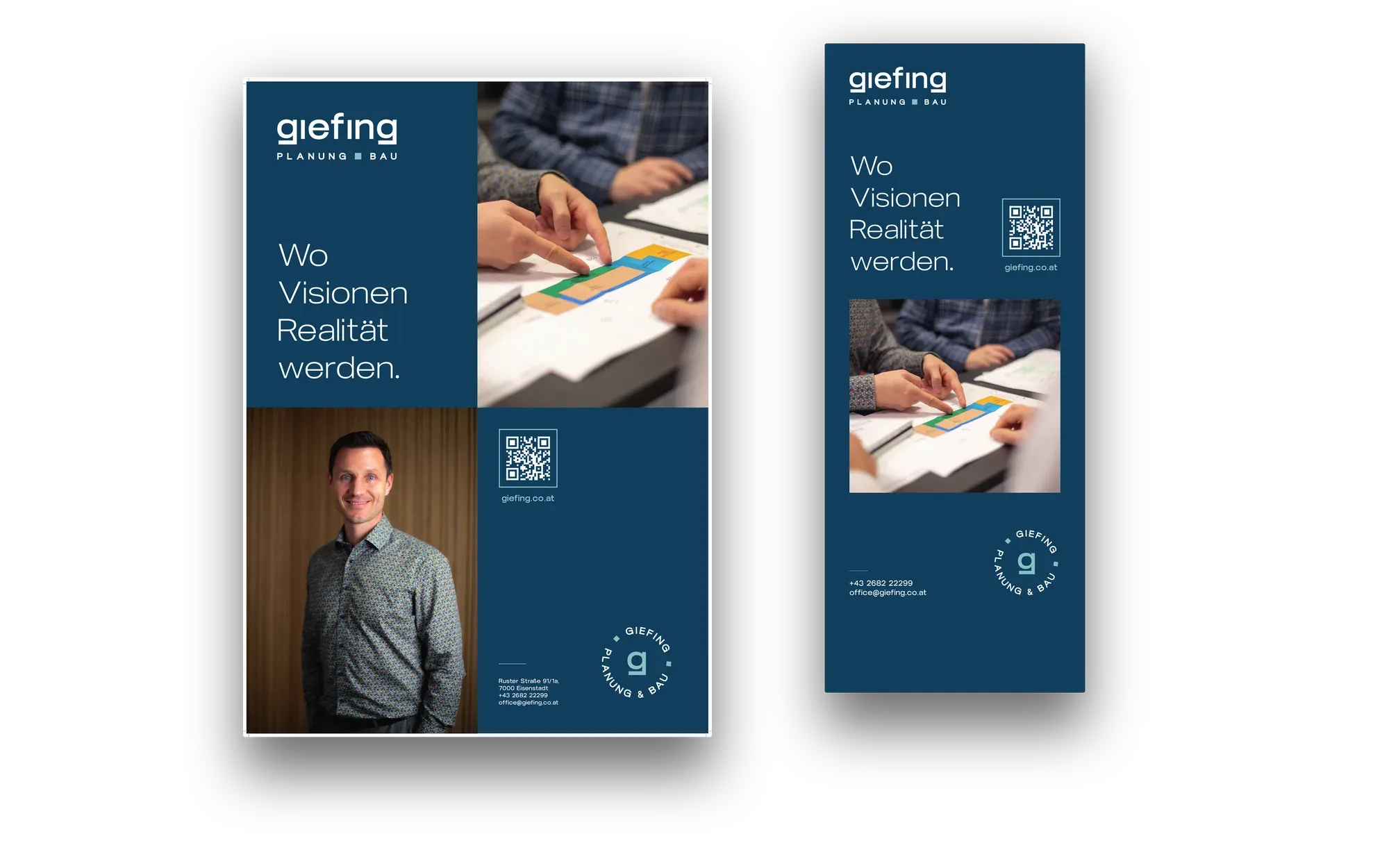 Plakat und Roll-up von giefing. mit „Wo Visionen Realität werden“