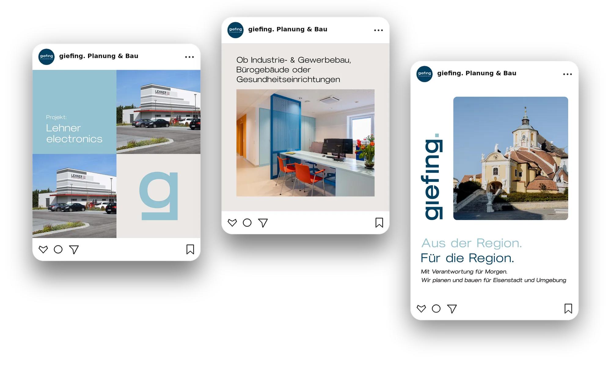 Drei Social-Media-Beiträge von giefing. mit Projekten aus der Region