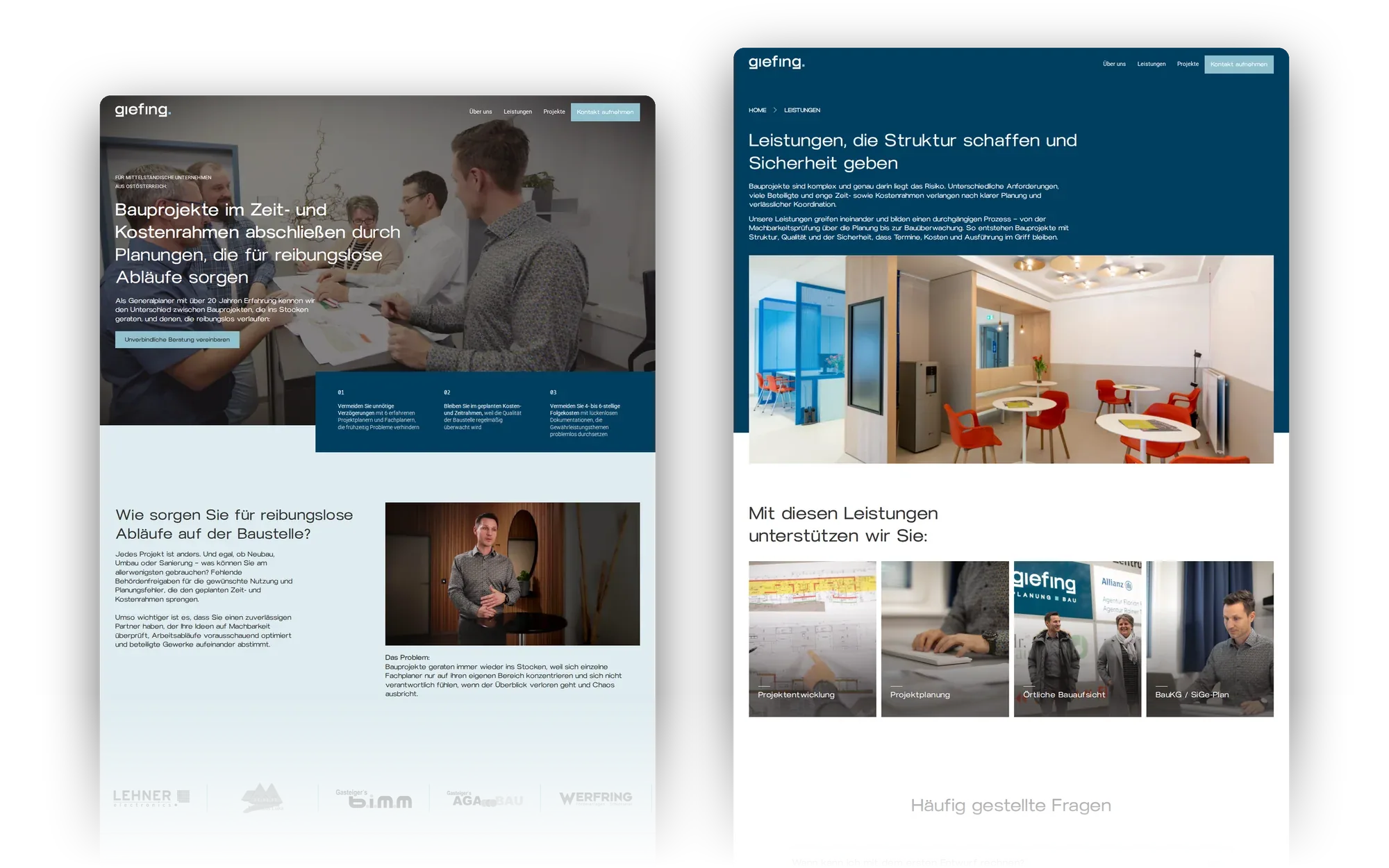 Website von giefing.: Startseite und Unterseite nebeneinander