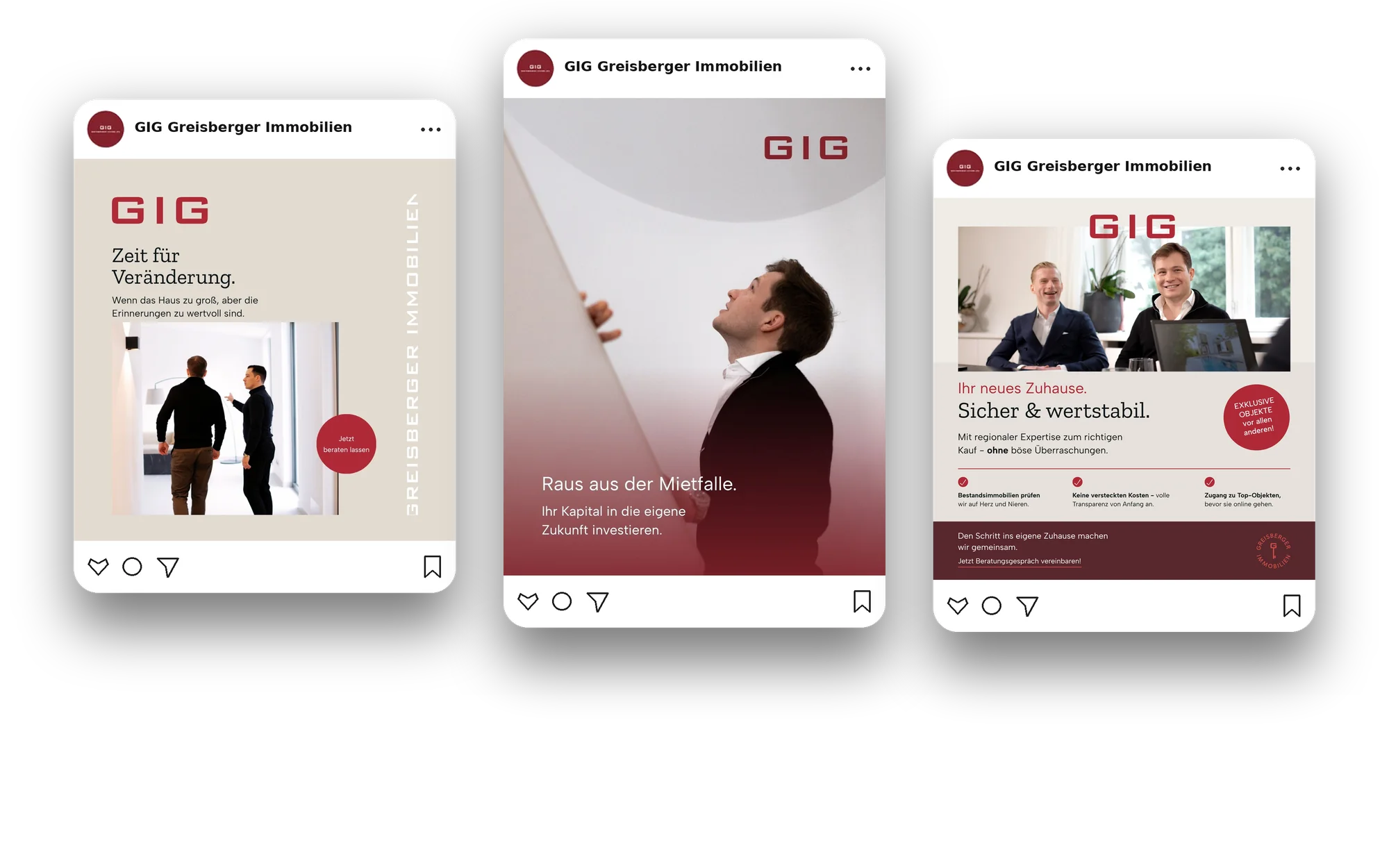 Drei Social-Media-Beiträge von GIG Greisberger Immobilien