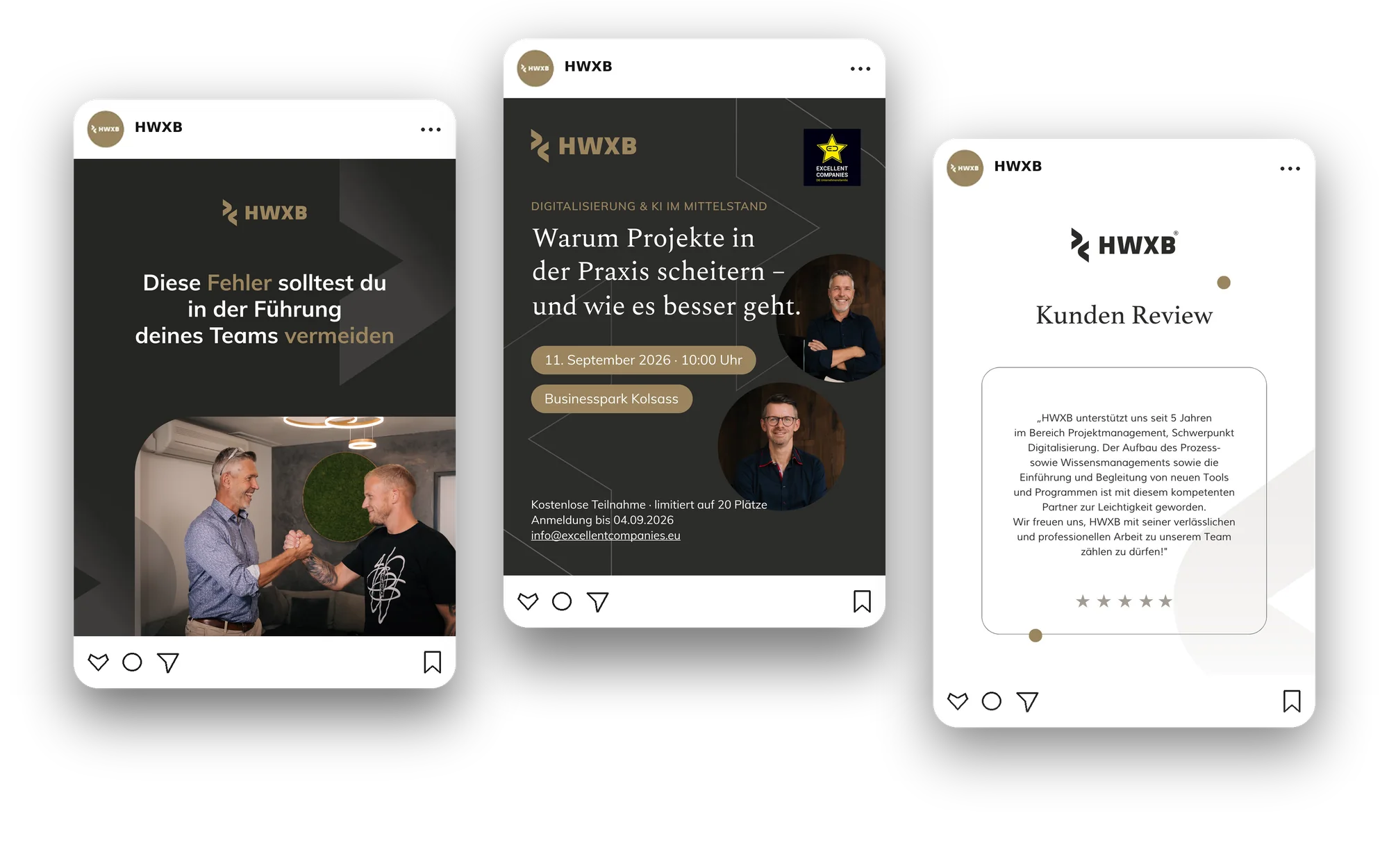 Drei Social-Media-Beiträge von HWXB