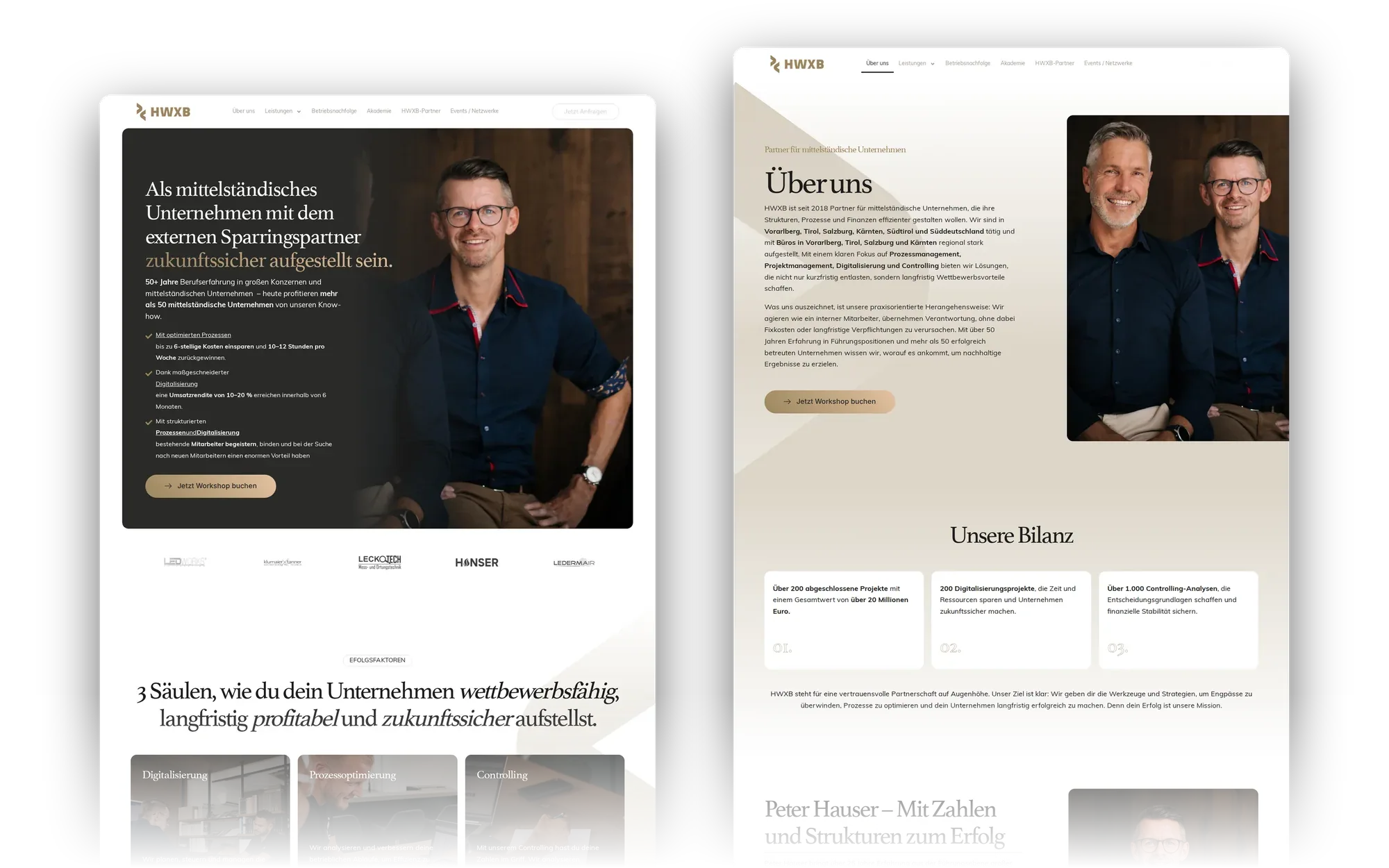 Website von HWXB: Startseite und Unterseite nebeneinander