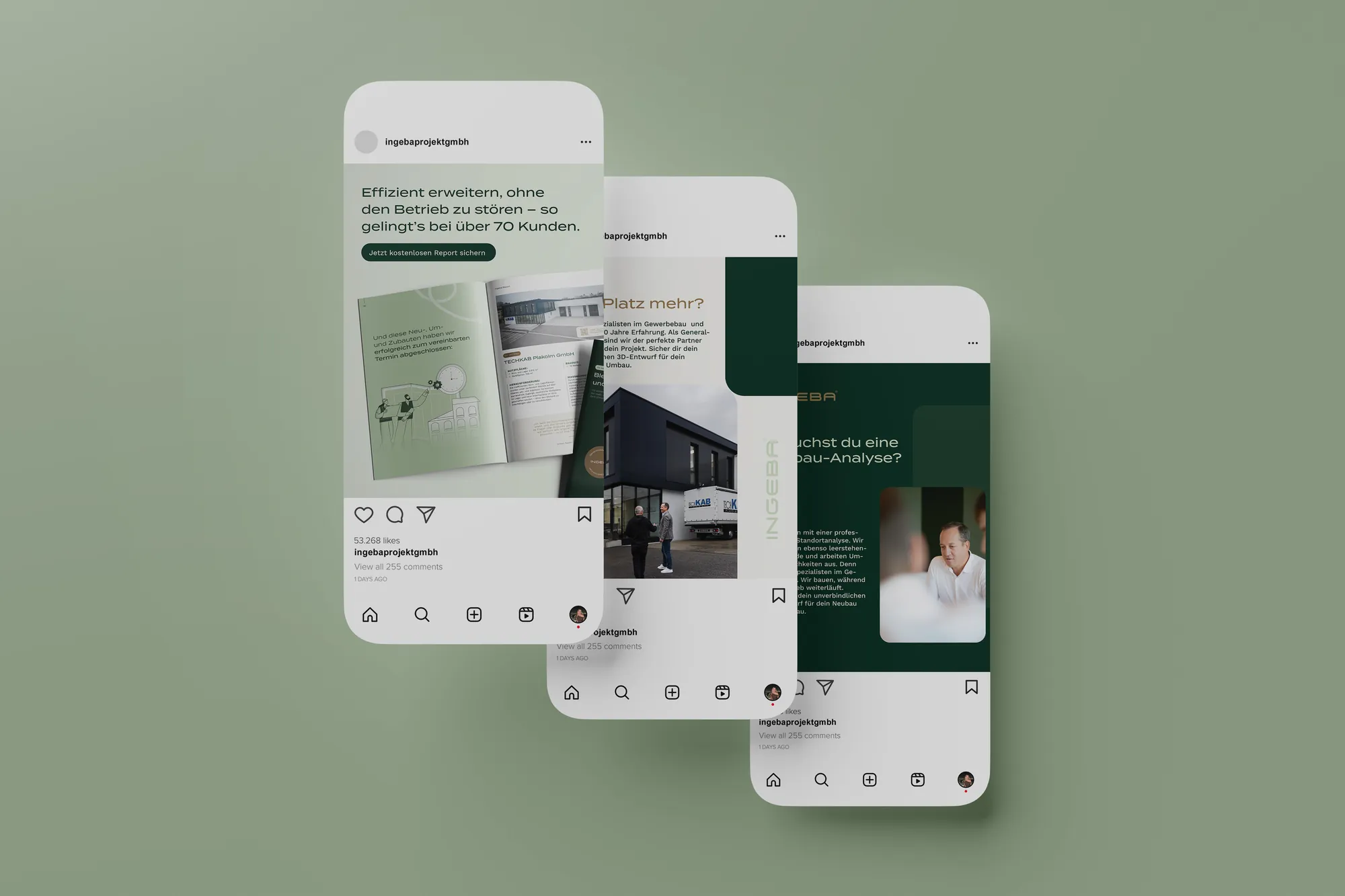 Anzeigen von Ingeba für den Report und die Bau-Analyse auf drei Smartphones