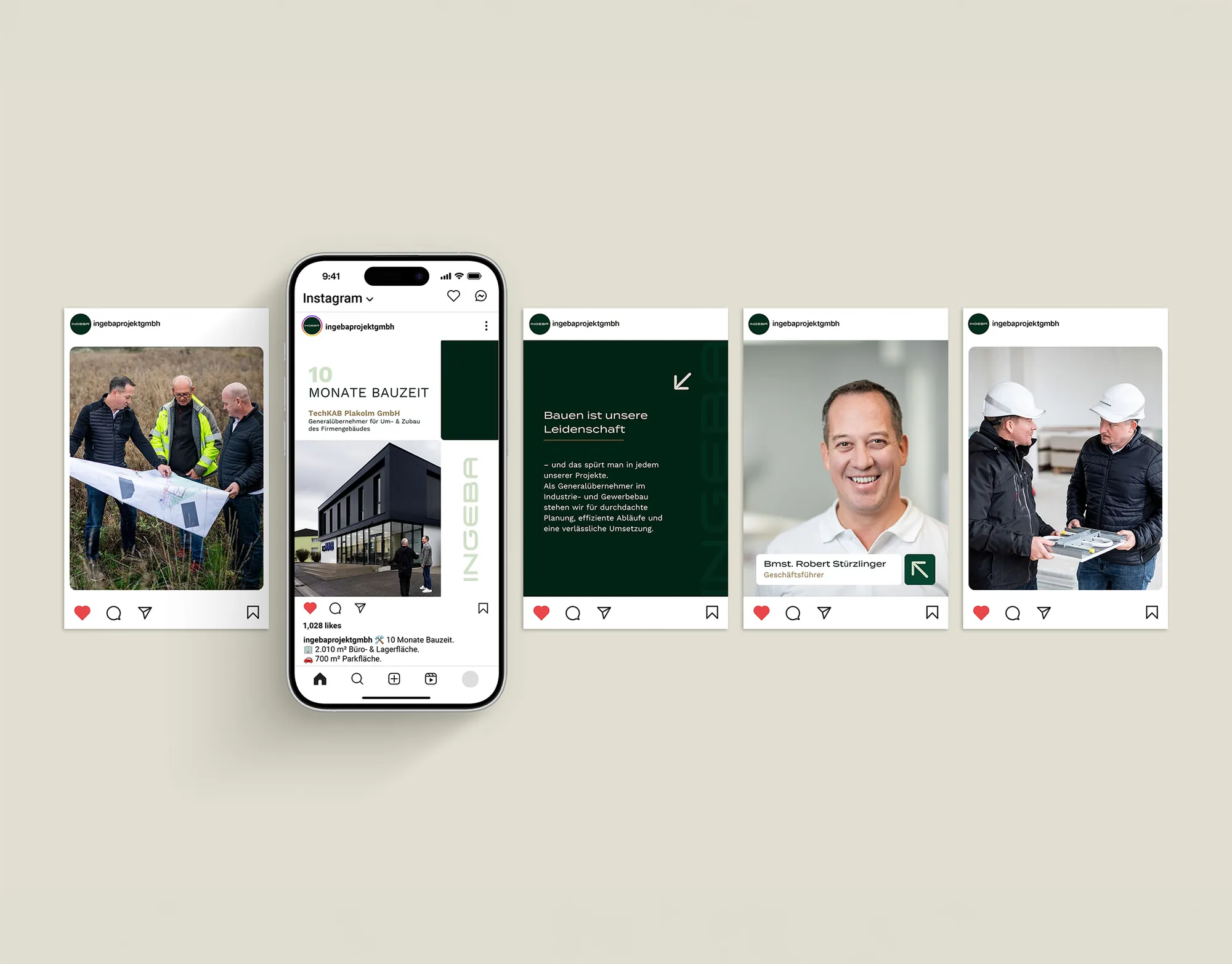 Instagram-Profil von Ingeba auf dem Smartphone neben vier Beiträgen