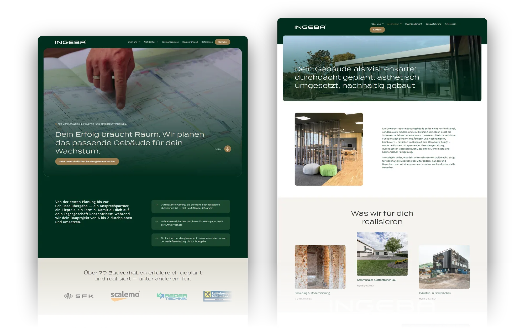 Website von Ingeba: Startseite und Unterseite nebeneinander