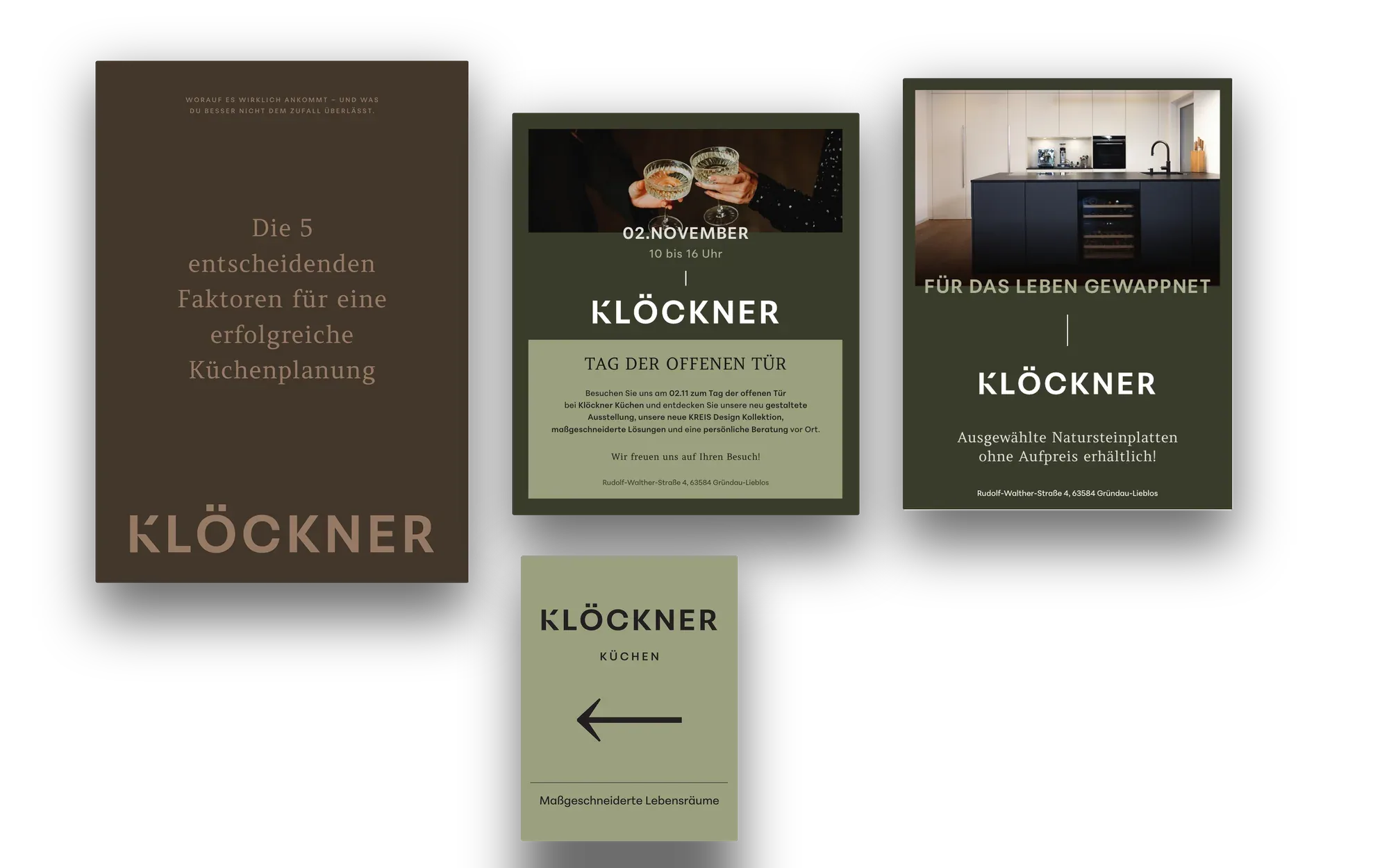 Report zur Küchenplanung, Einladung zum Tag der offenen Tür, Plakat und Wegweiser von Klöckner Küchen