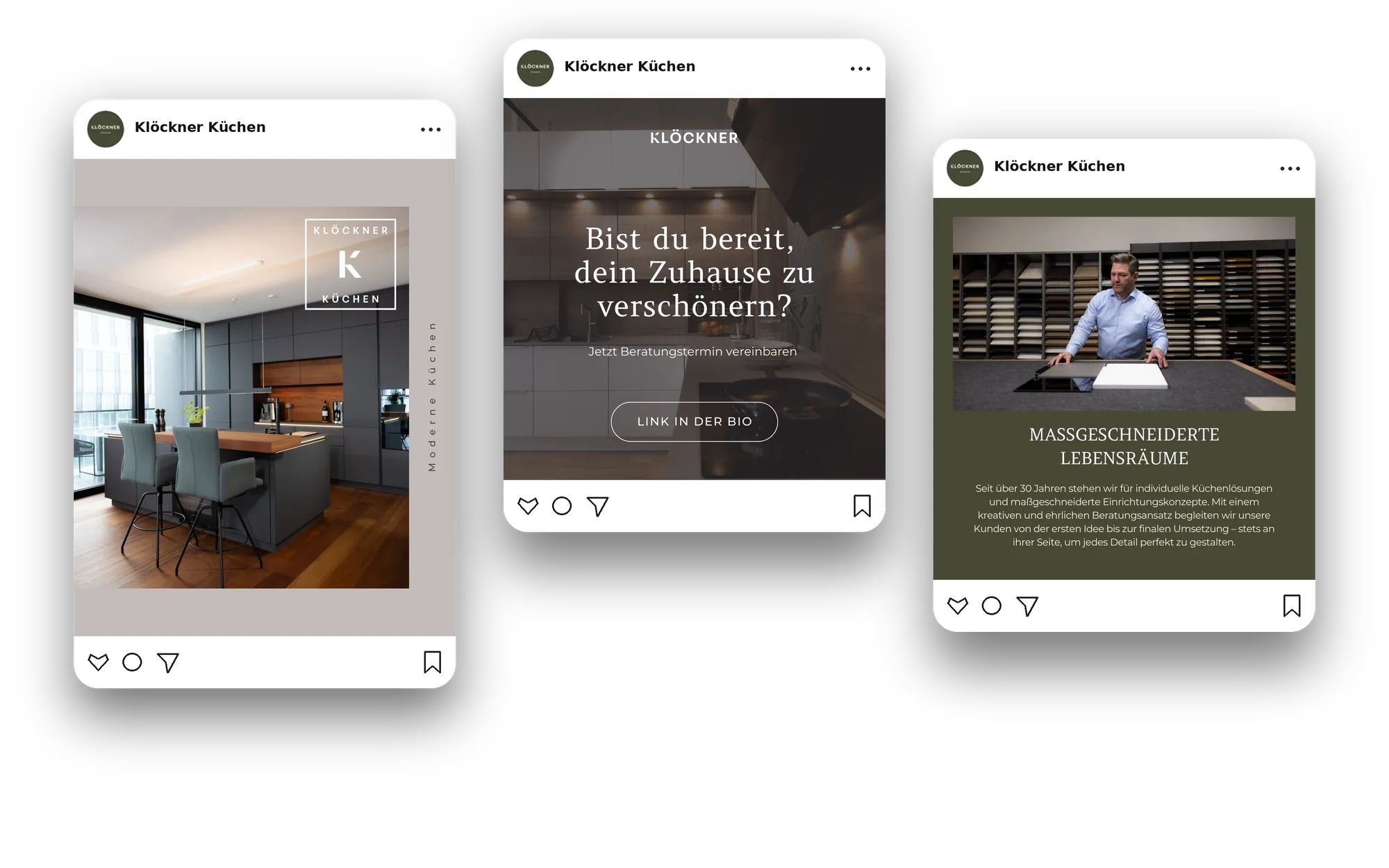 Drei Social-Media-Beiträge von Klöckner Küchen