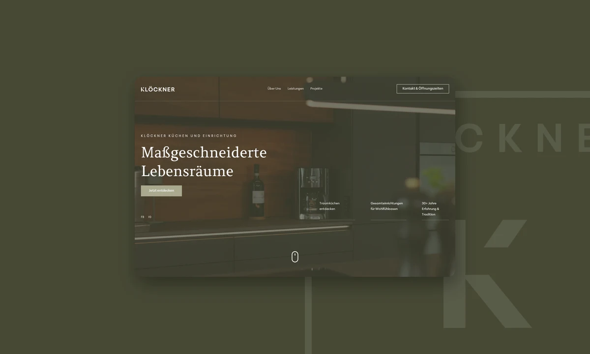 Startseite von Klöckner Küchen mit der Überschrift Maßgeschneiderte Lebensräume