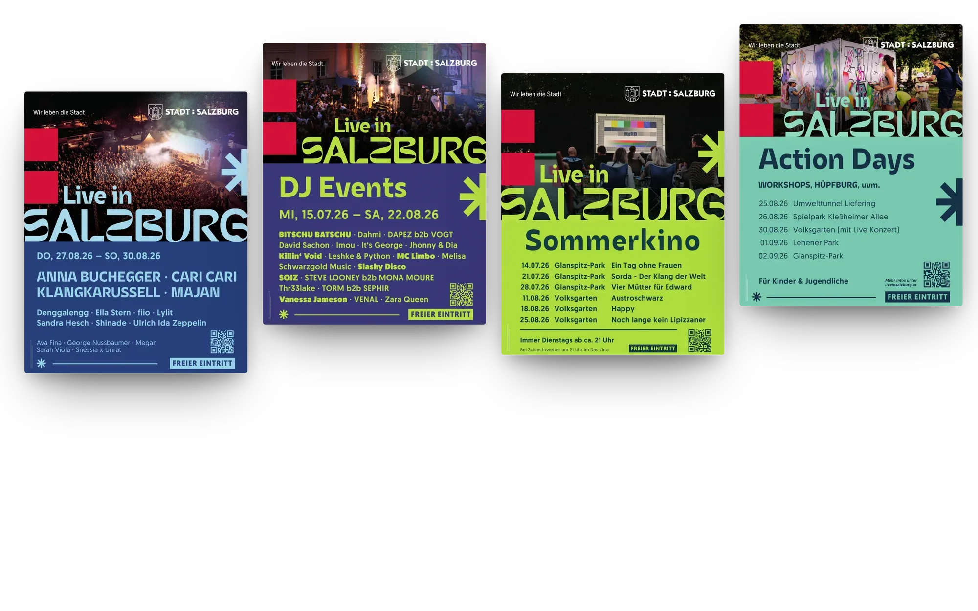 Vier Plakate von Live in Salzburg für Live-Konzerte, DJ-Events, Sommerkino und Action Days