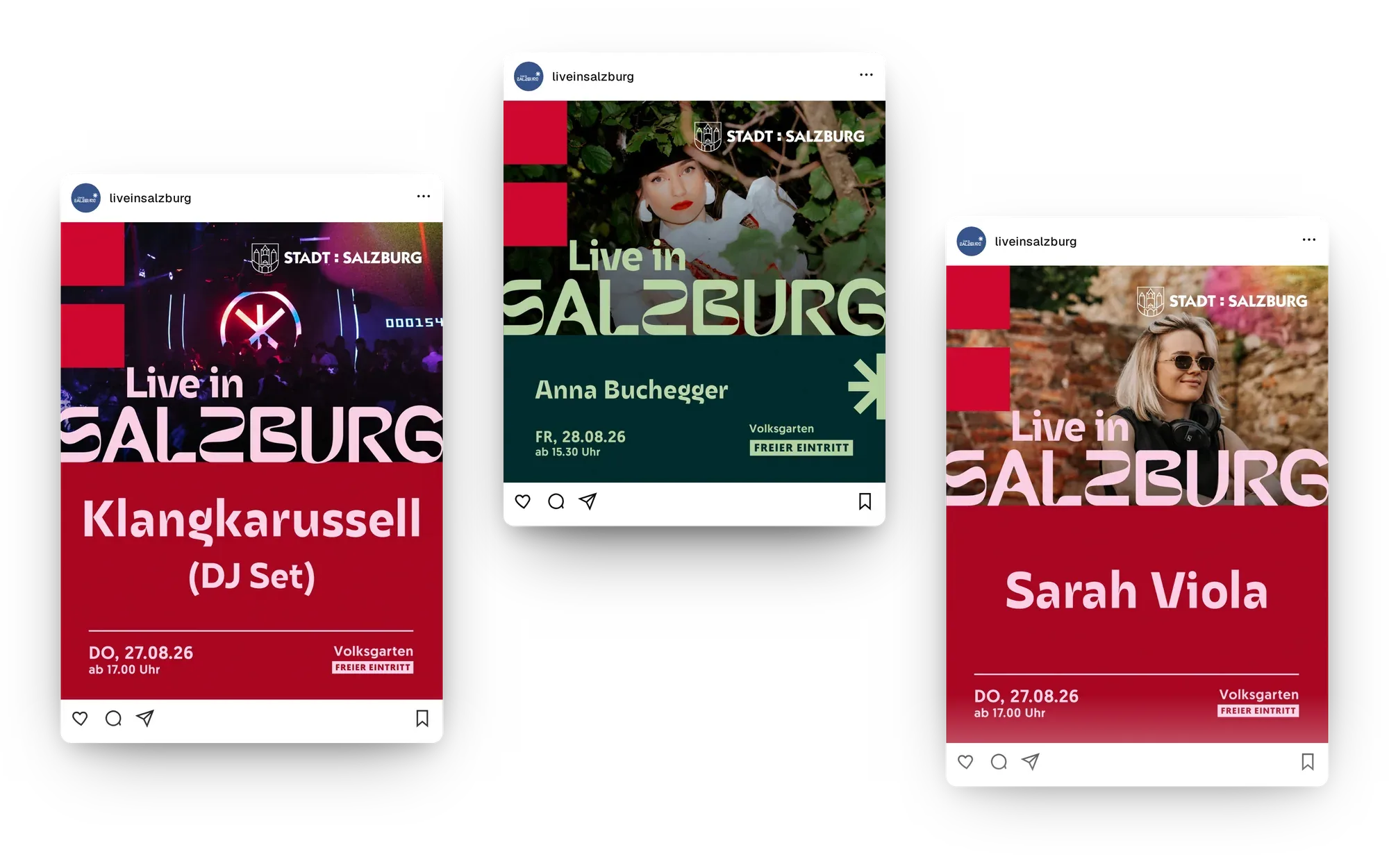 Drei Instagram-Beiträge von Live in Salzburg, die Acts der Live-Konzerte ankündigen
