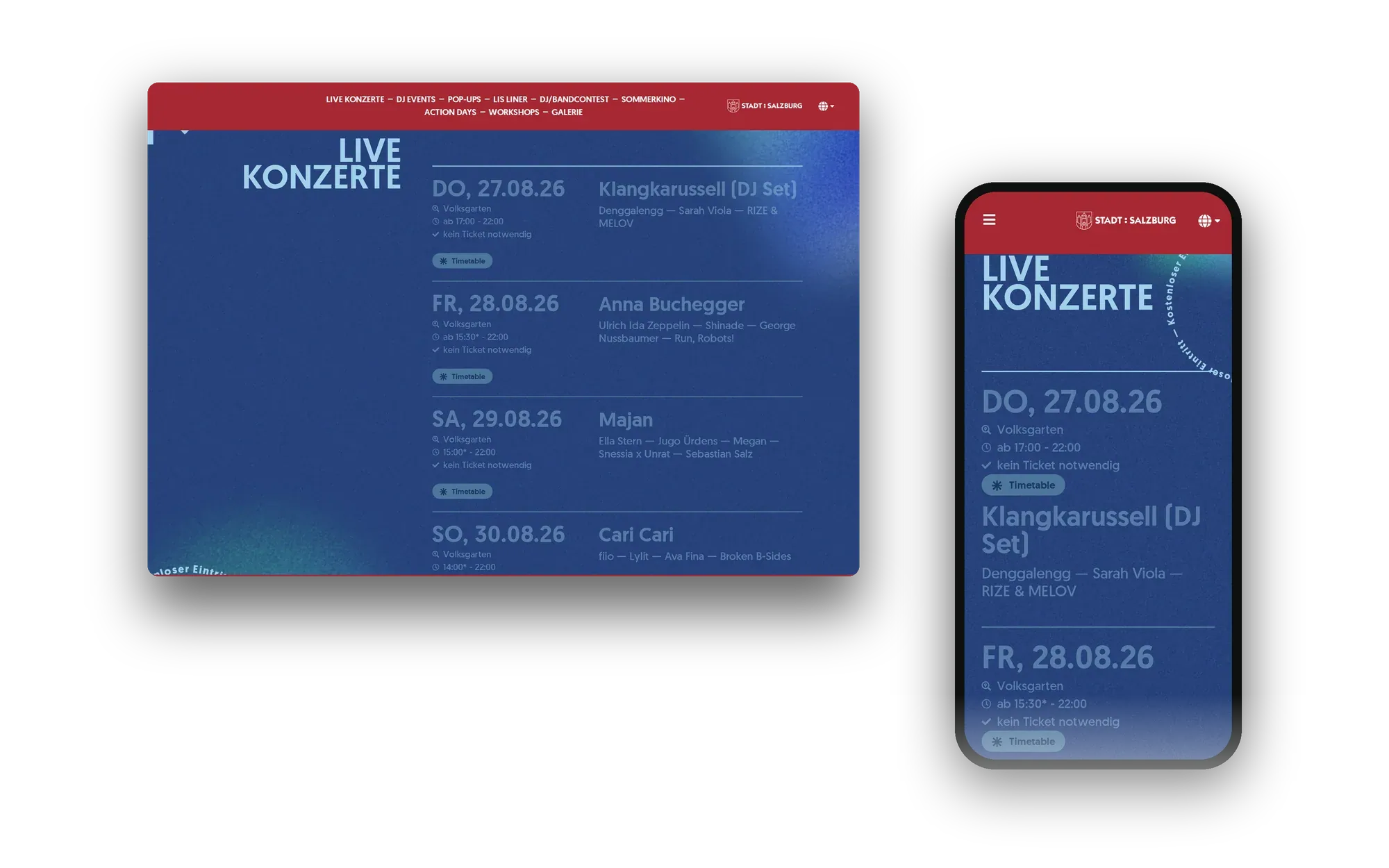 Website von Live in Salzburg auf Desktop und Smartphone mit dem Programm der Live-Konzerte