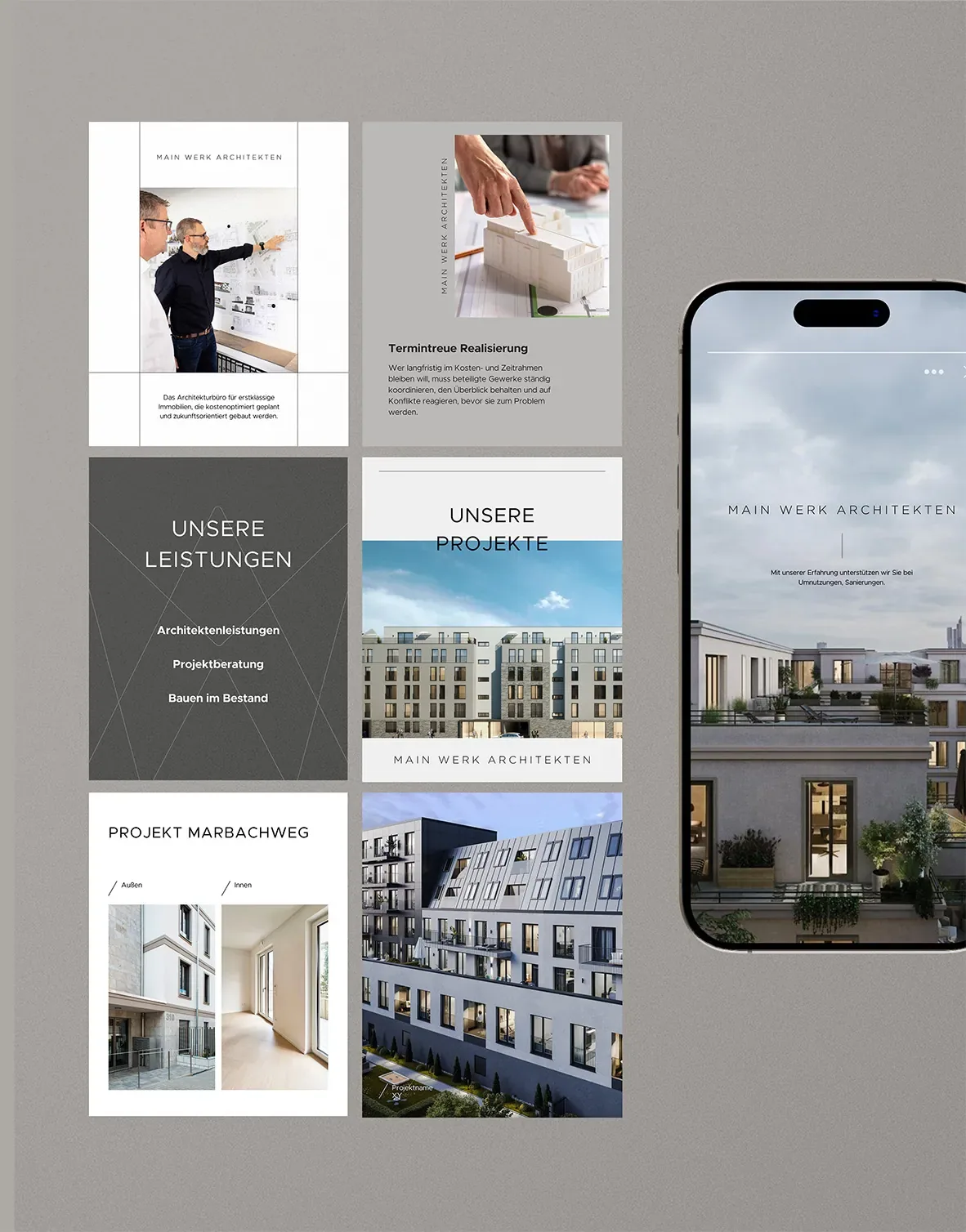 Instagram-Beiträge und Story von Main Werk Architekten neben einem Smartphone