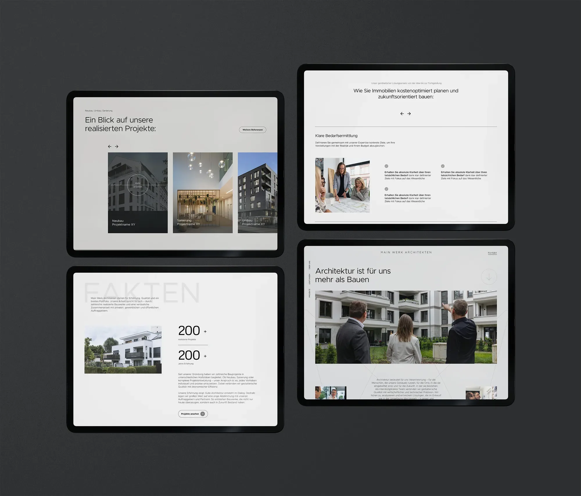 Website von Main Werk Architekten auf vier Tablets