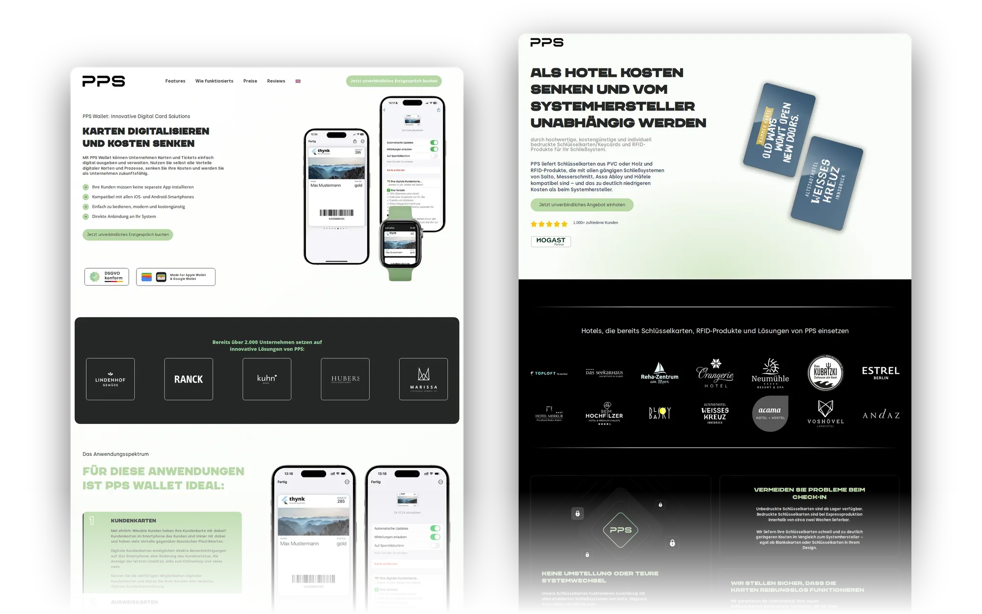 Landingpages von PPS für digitale Karten und Hotelkarten
