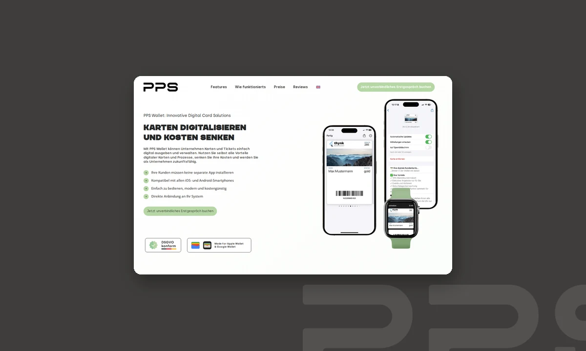 Landingpage von PPS für digitale Karten mit Smartphone und Smartwatch auf dunklem Grund