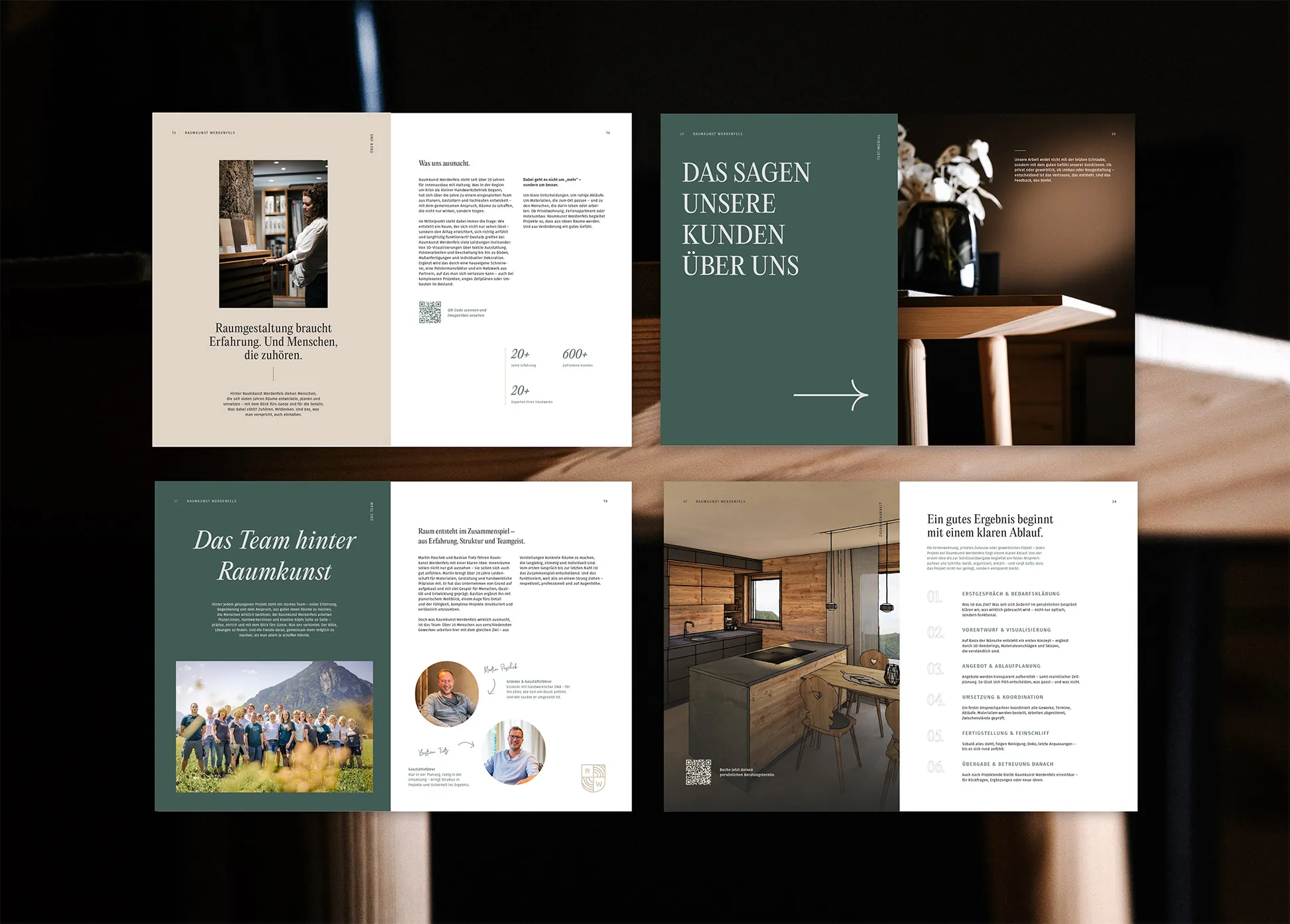 Doppelseiten aus dem Report von Raumkunst Werdenfels mit Kundenstimmen und Team