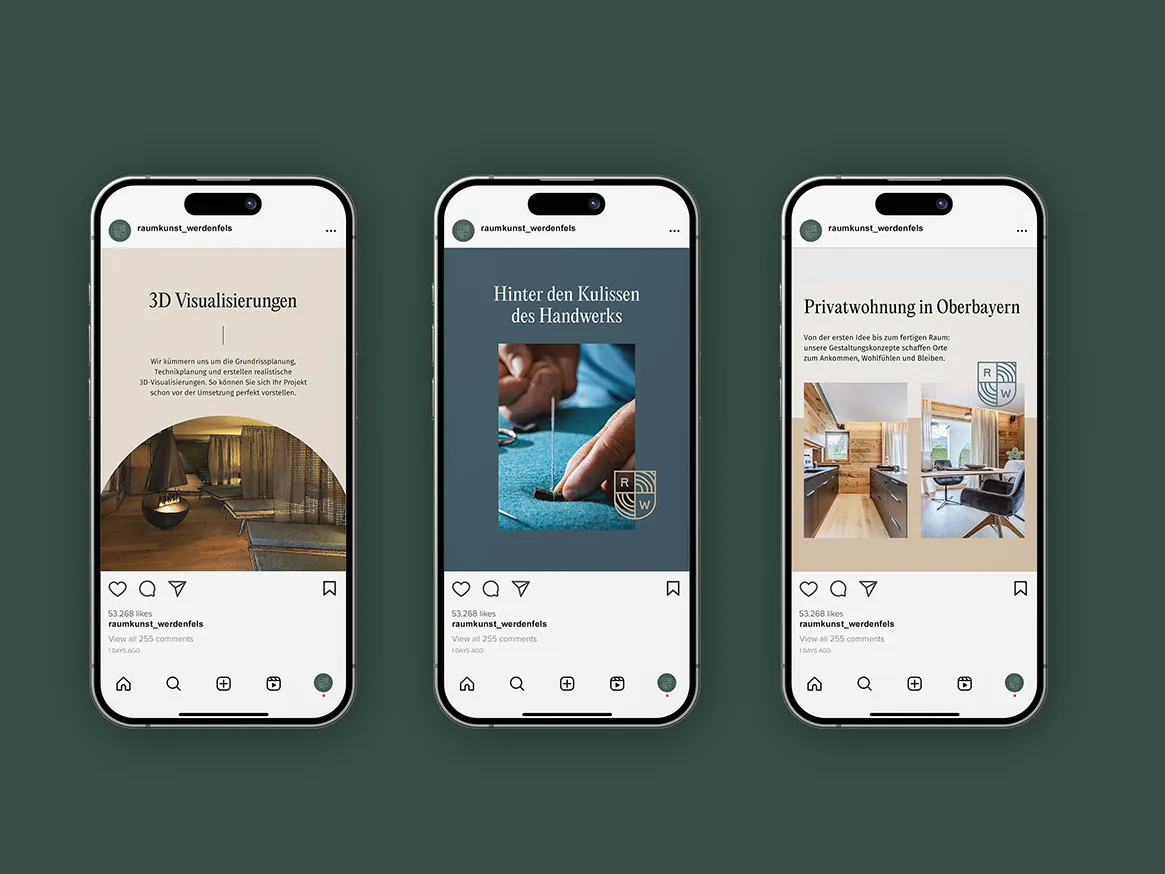 Drei Instagram-Beiträge von Raumkunst Werdenfels auf Smartphones
