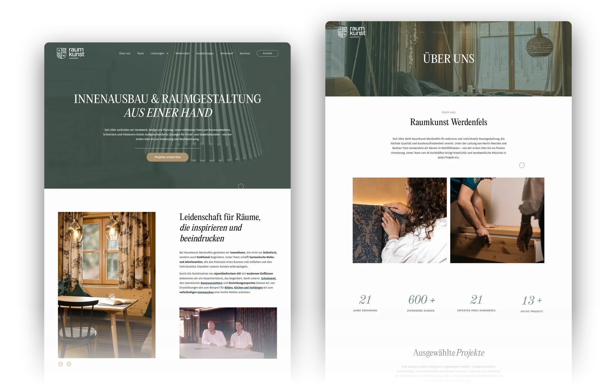 Website von Raumkunst Werdenfels: Startseite und Unterseite nebeneinander
