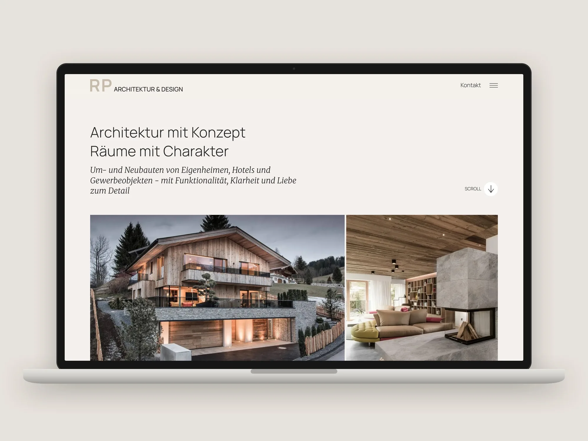 Laptop mit der Startseite von RP Architektur: Architektur mit Konzept, Räume mit Charakter