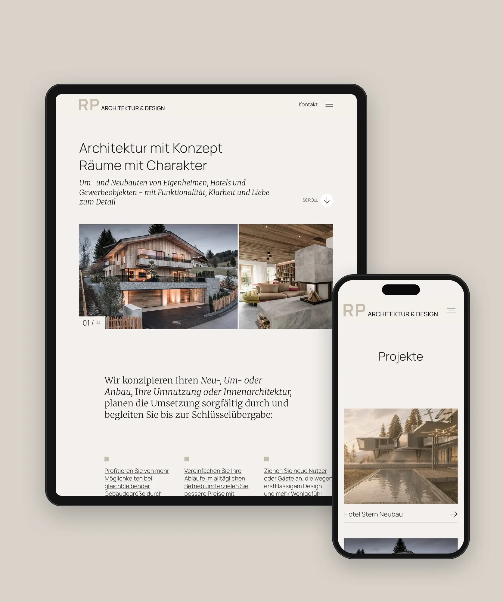 Tablet mit der Startseite und Smartphone mit der Projektübersicht von RP Architektur