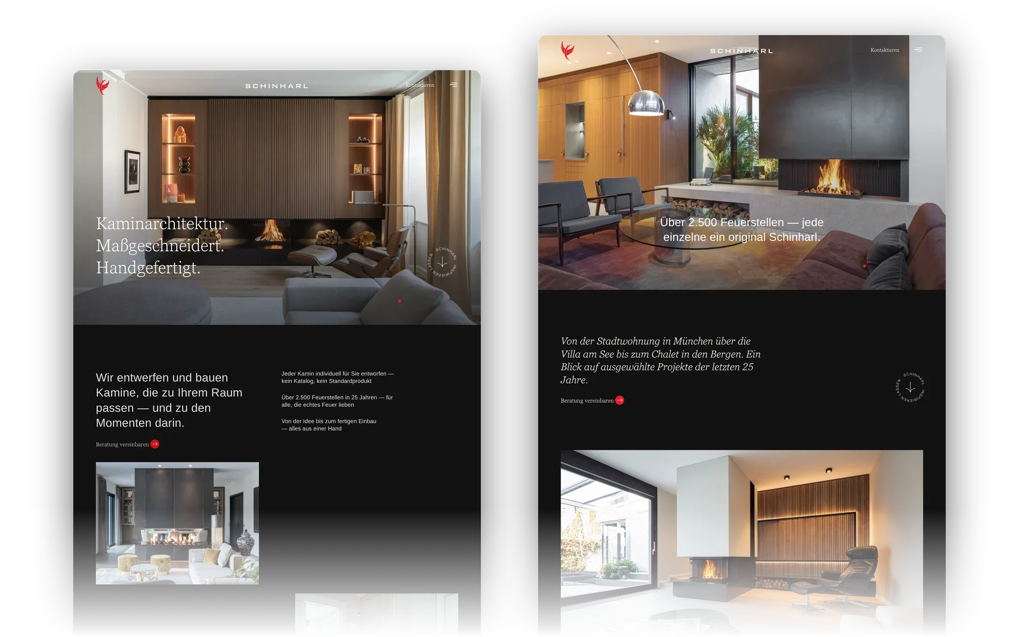 Website von Schinharl: Startseite und Unterseite nebeneinander