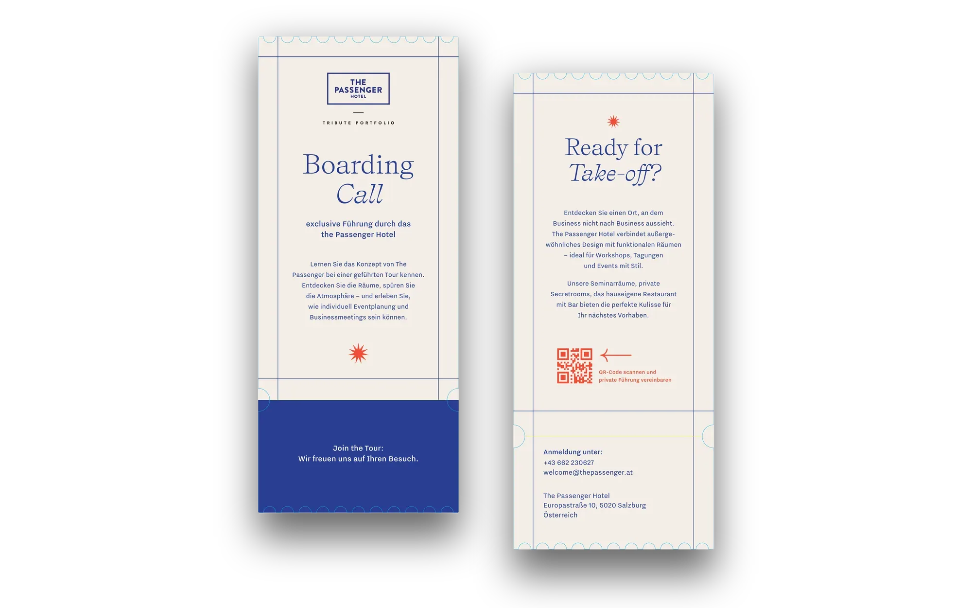 Einladung „Boarding Call“ zur Hausführung im Boarding-Pass-Format, Vorder- und Rückseite