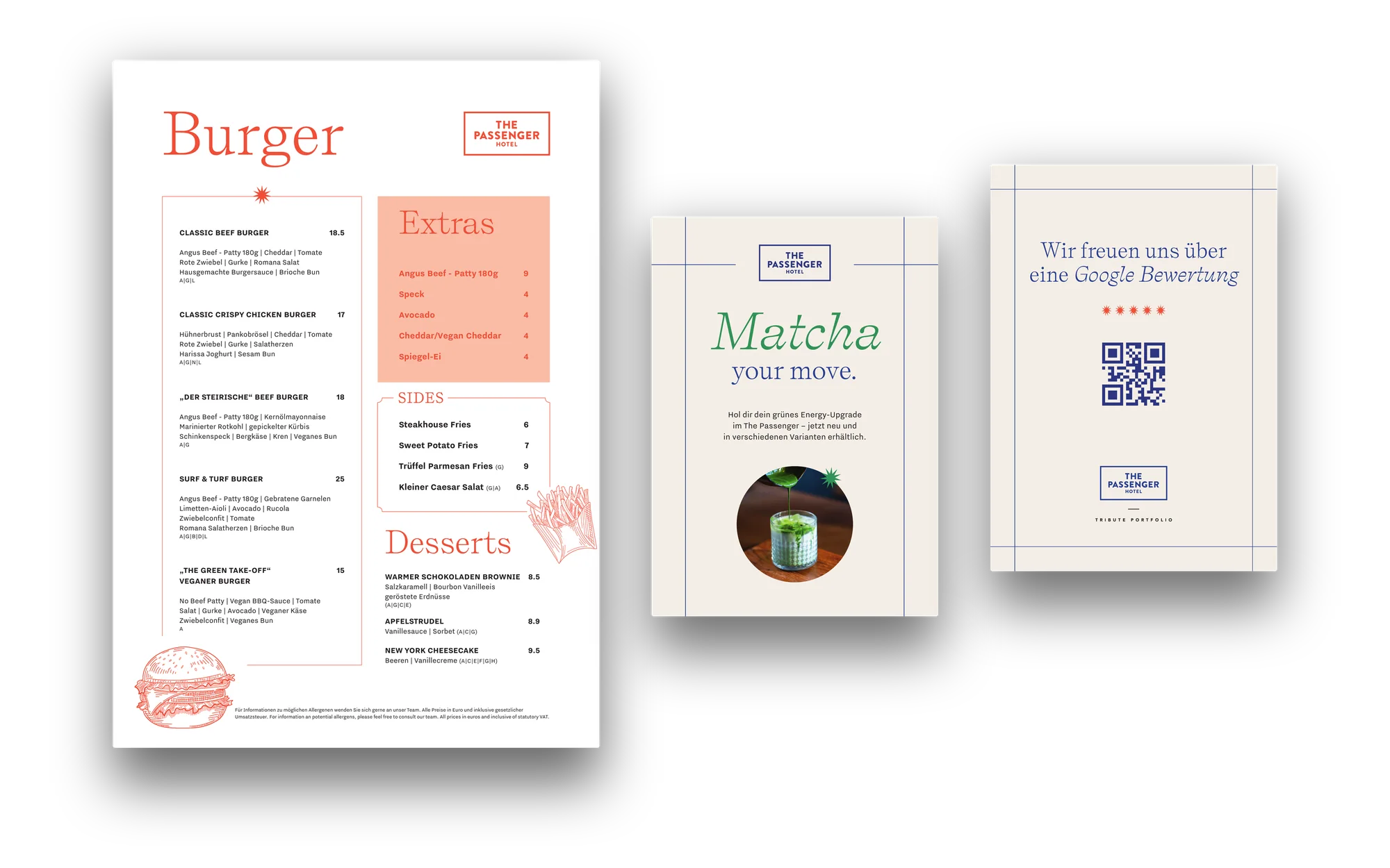 Burgerkarte, Matcha-Aufsteller und Aufsteller für Google-Bewertungen von The Passenger