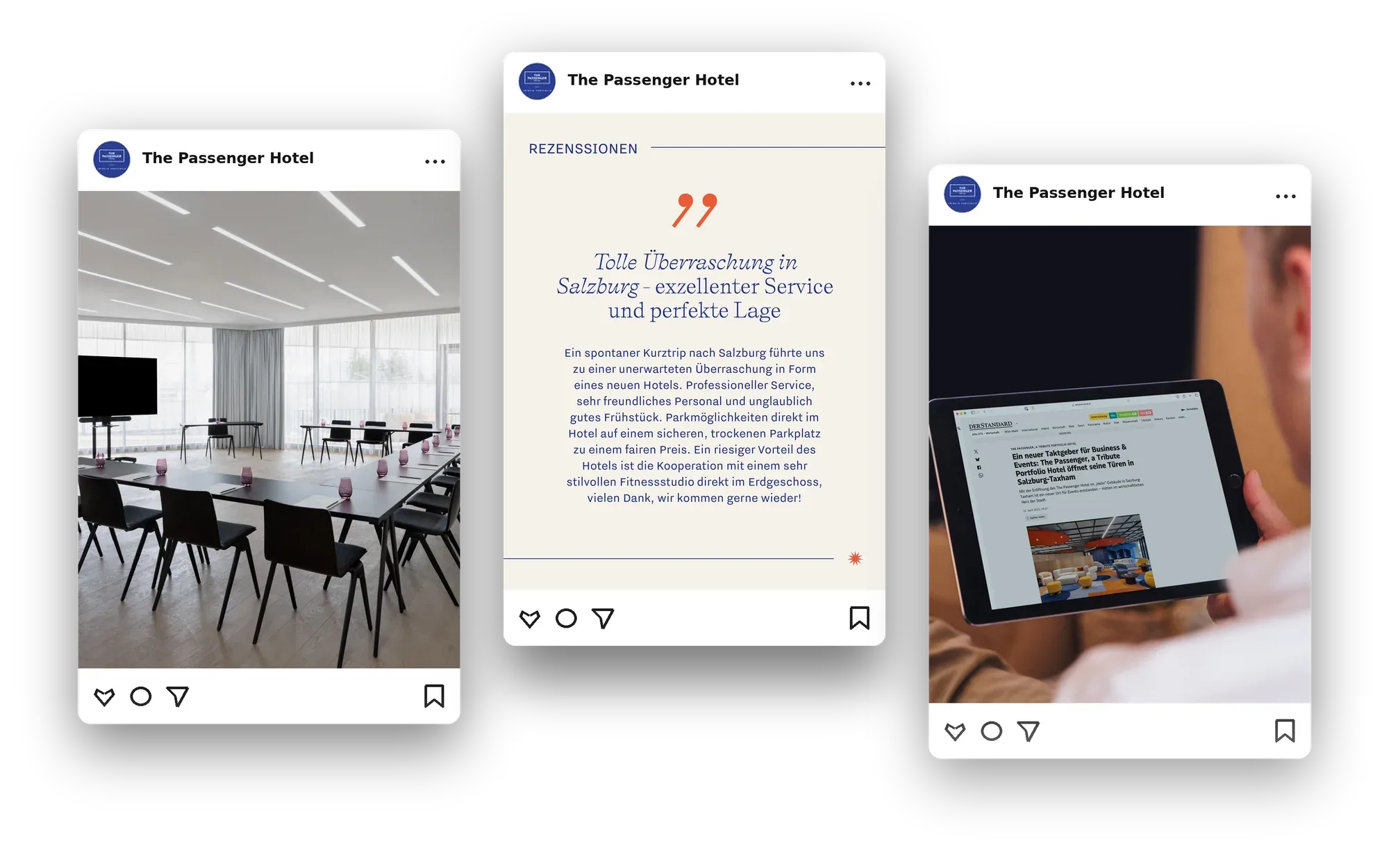 Drei Social-Media-Beiträge von The Passenger Hotel: Seminarraum, Gästebewertung und Pressebericht