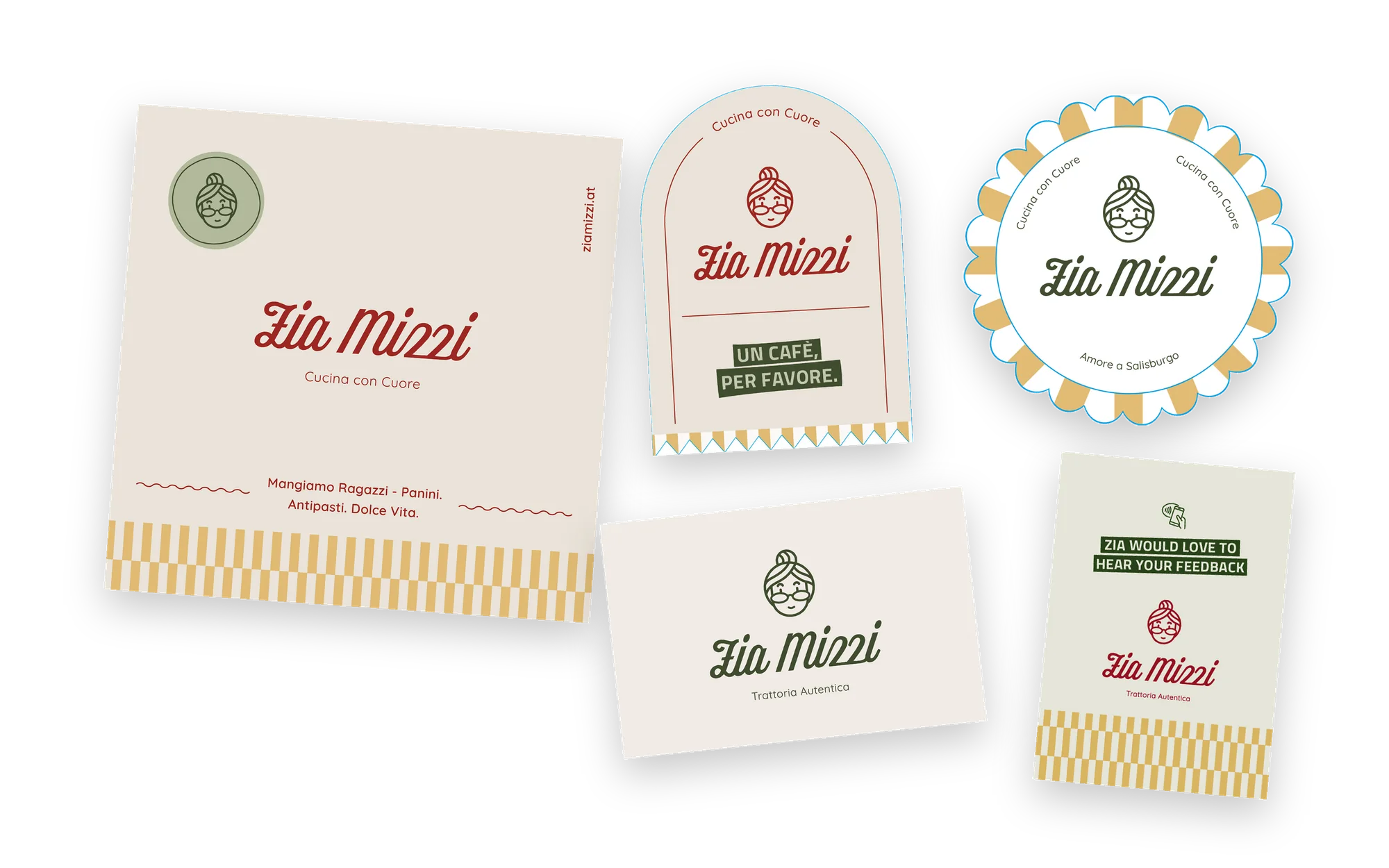 Tragetasche, Sticker, Untersetzer, Visitenkarte und Feedback-Karte von Zia Mizzi