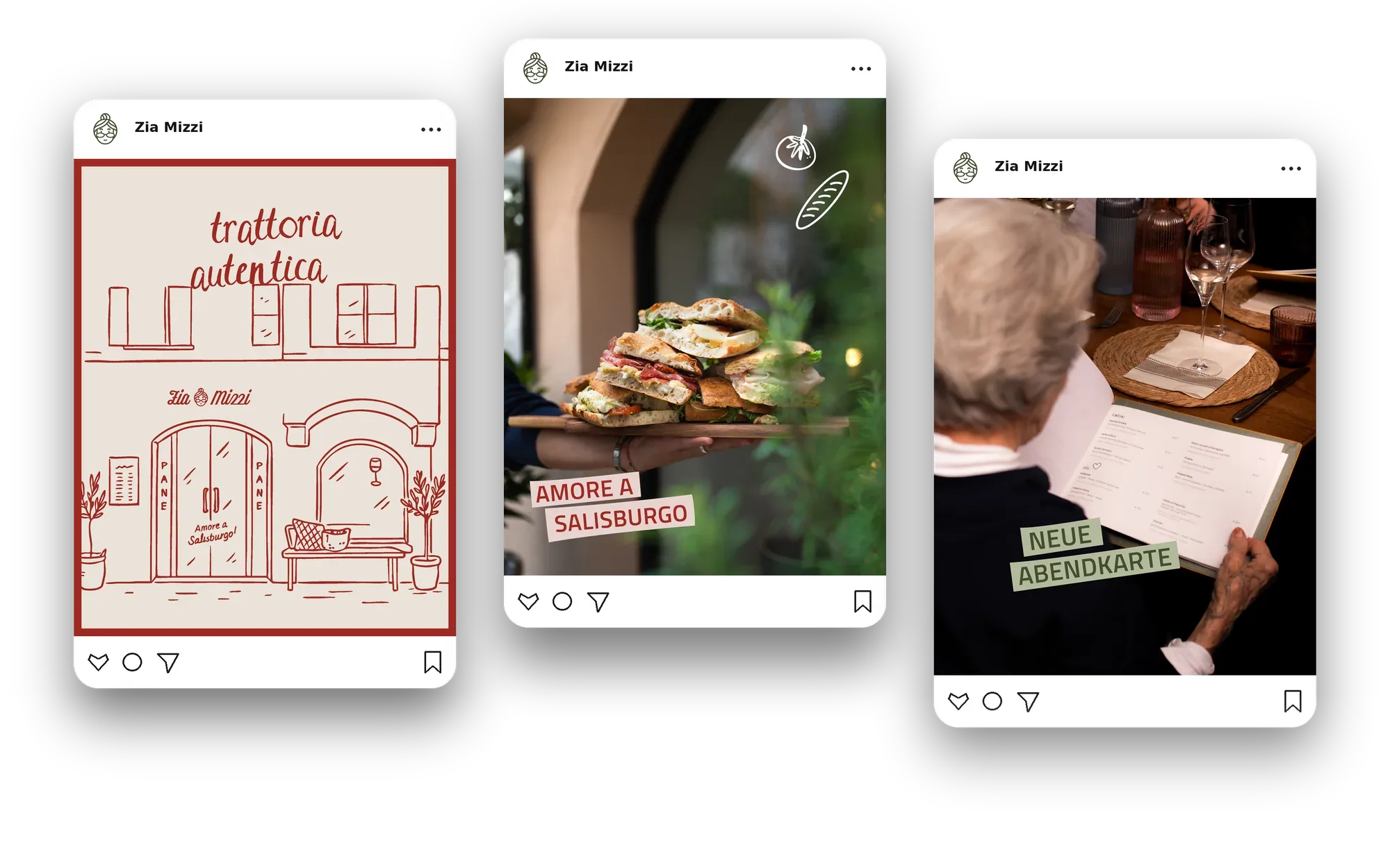 Drei Social-Media-Beiträge von Zia Mizzi: Trattoria-Illustration, Focaccia und neue Abendkarte