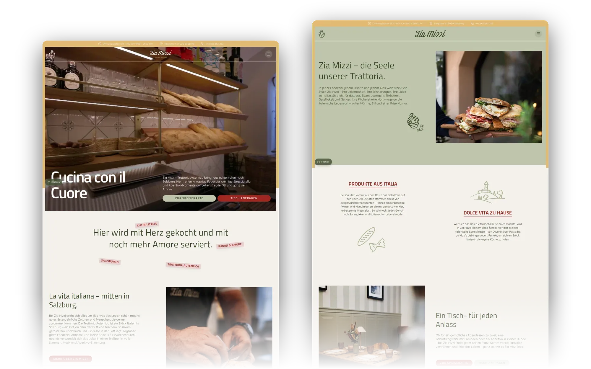 Website von Zia Mizzi: Startseite und Unterseite nebeneinander