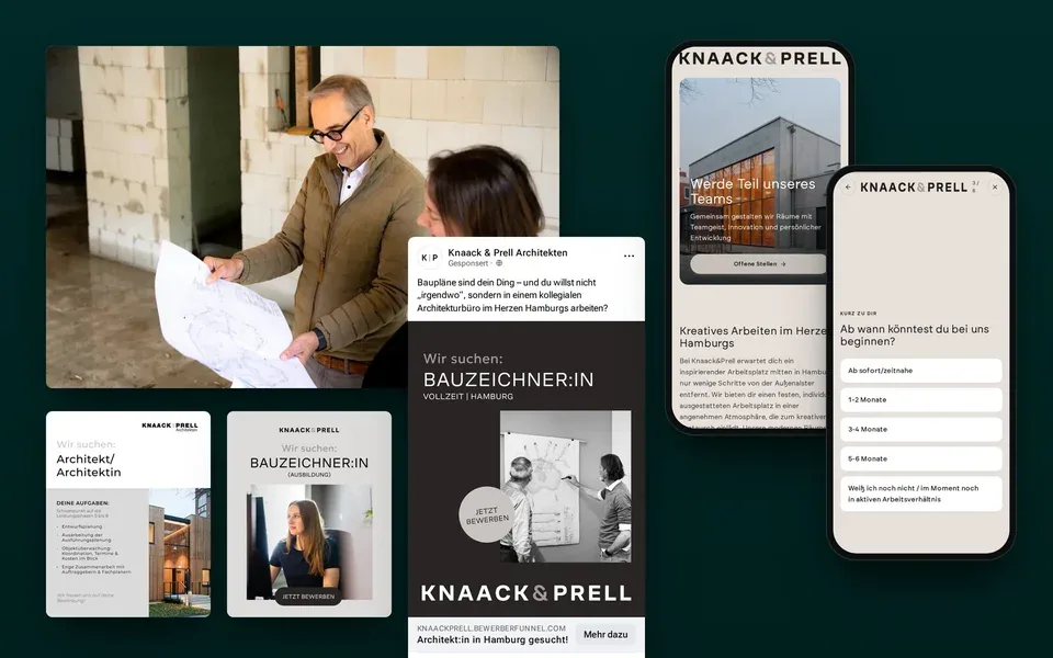 Recruiting-Kampagne für Knaack & Prell Architekten mit Stellenanzeigen, Social-Media-Beitrag und Bewerberfunnel