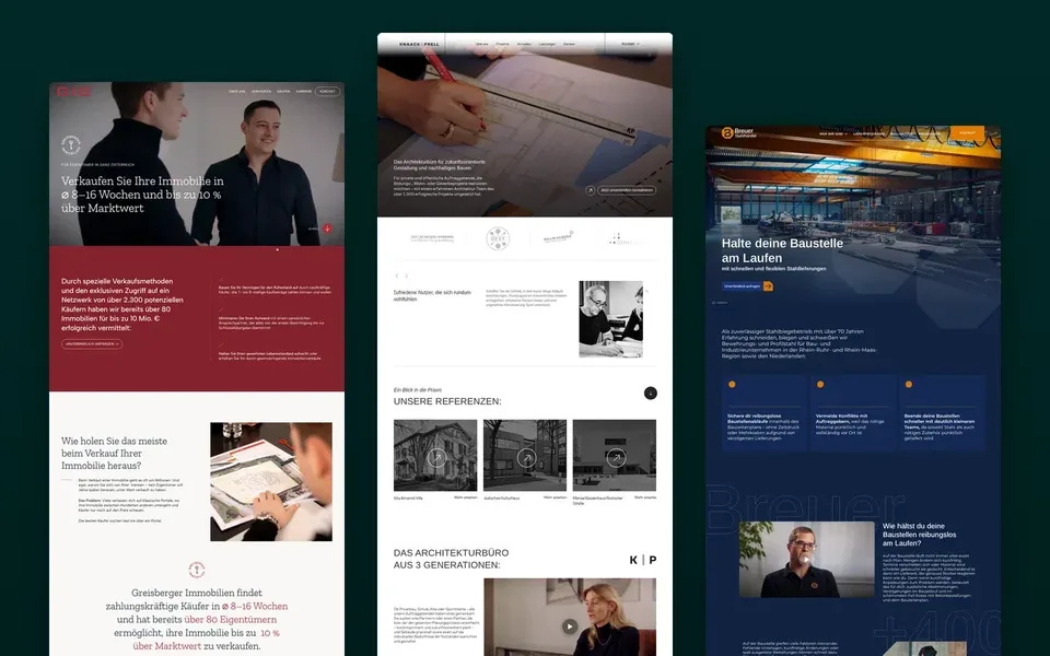 Drei von Martin&Klein gestaltete Websites, darunter Greisberger Immobilien, als Bildschirmansichten