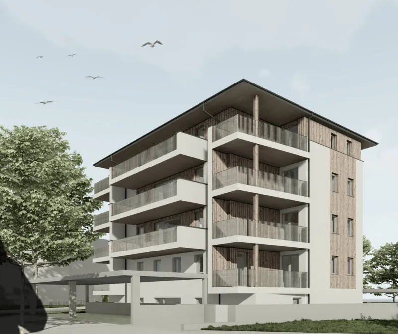 Visualisierung eines Wohnbaus mit vier Geschossen, Balkonbändern und Carport